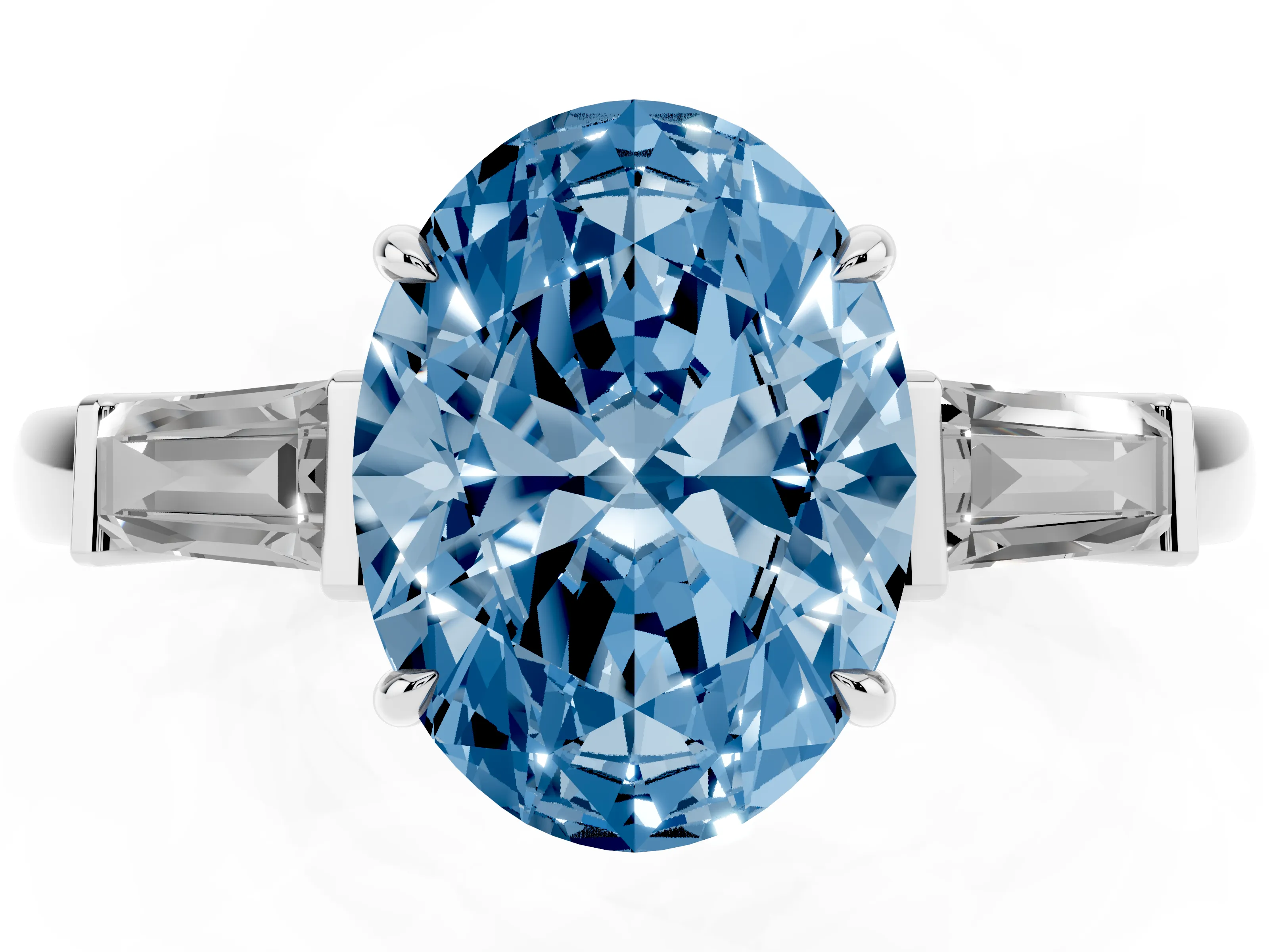 Fancy Blue Oval Cut Diamond Three-Stone Ring Set in Silver with Tapered Baguette Side Stones and Prong Setting