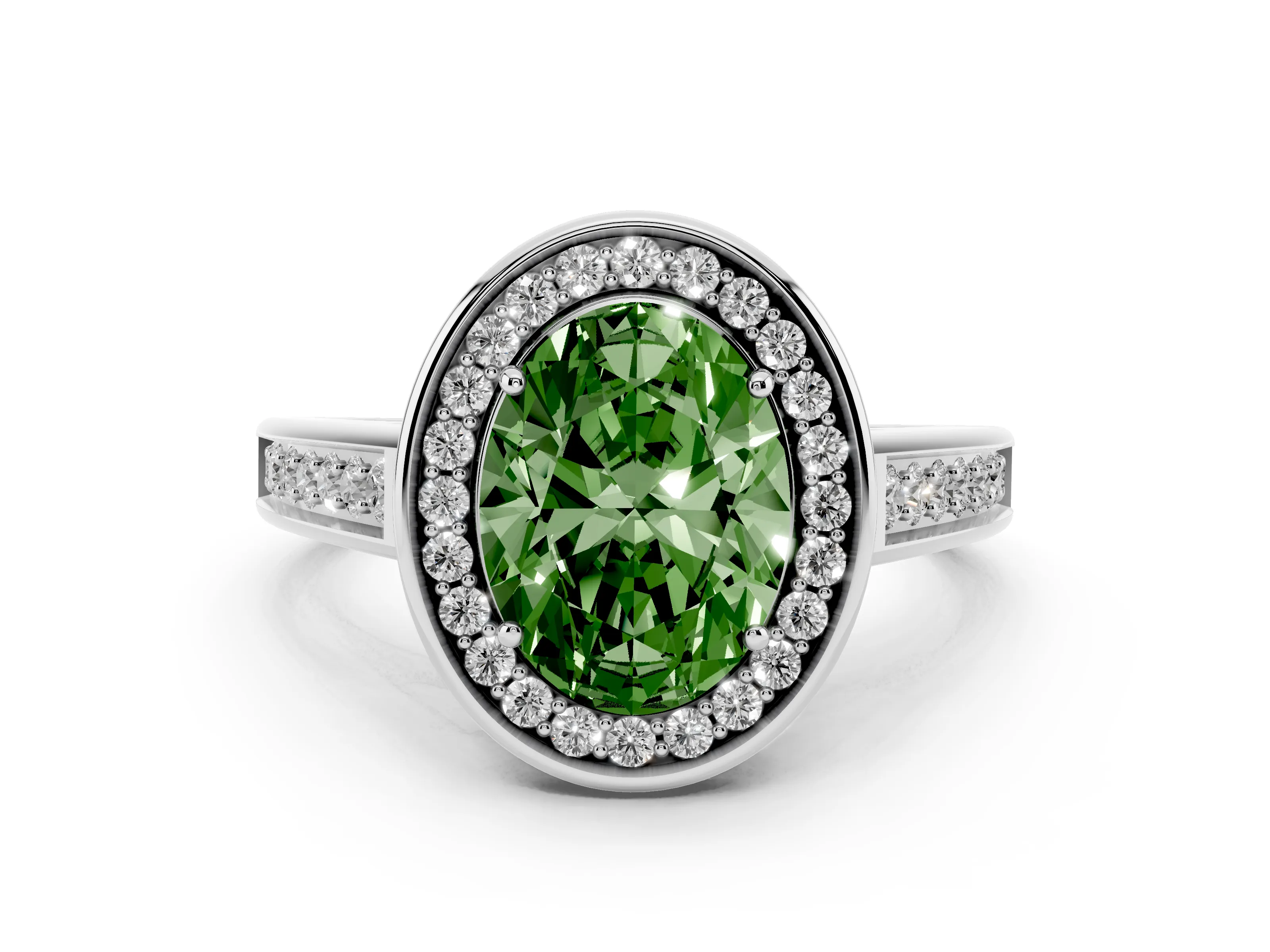 Fancy Green Oval Cut Diamond Halo Solitaire Ring Set in White gold with Pavé Band and Bezel Setting
