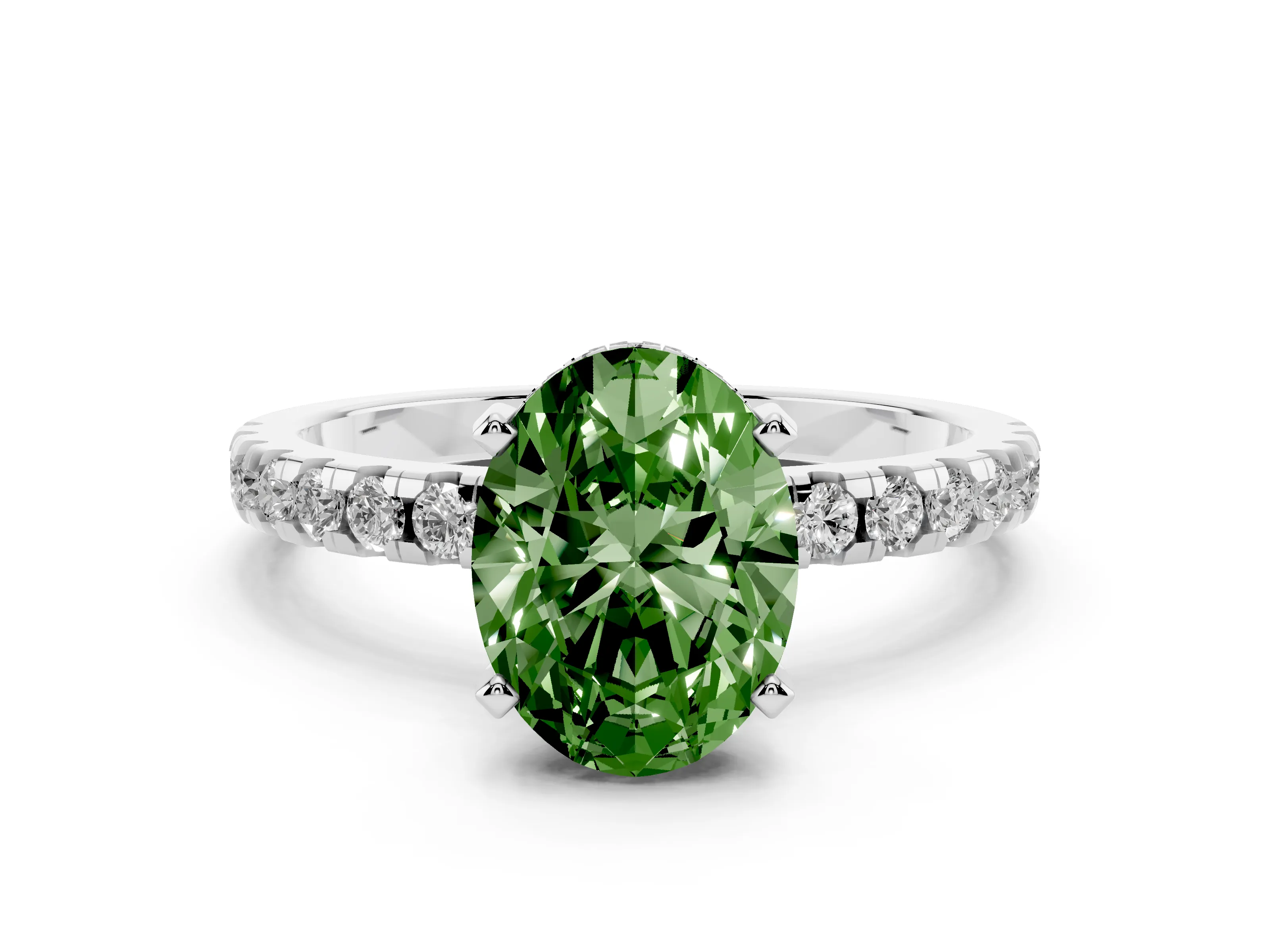 Fancy Green Oval Cut Diamond Pavé Solitaire Ring Set in Platinum with Round Band Accents and Prong Setting