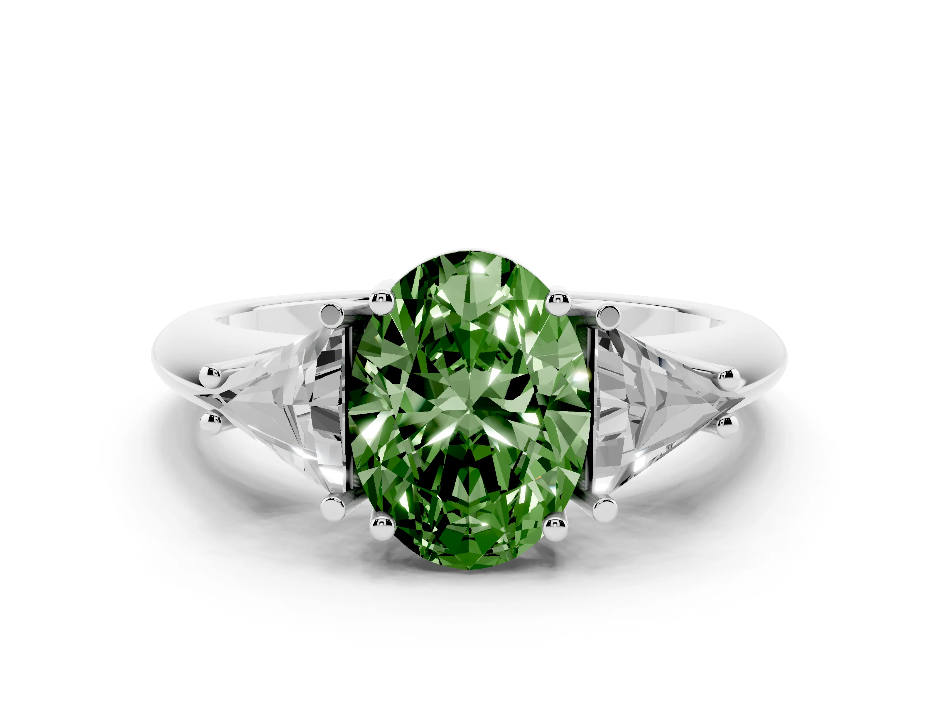 Fancy Green Oval Cut Diamond Three-Stone Engagement Ring Set in Silver with Trillion Side Stones