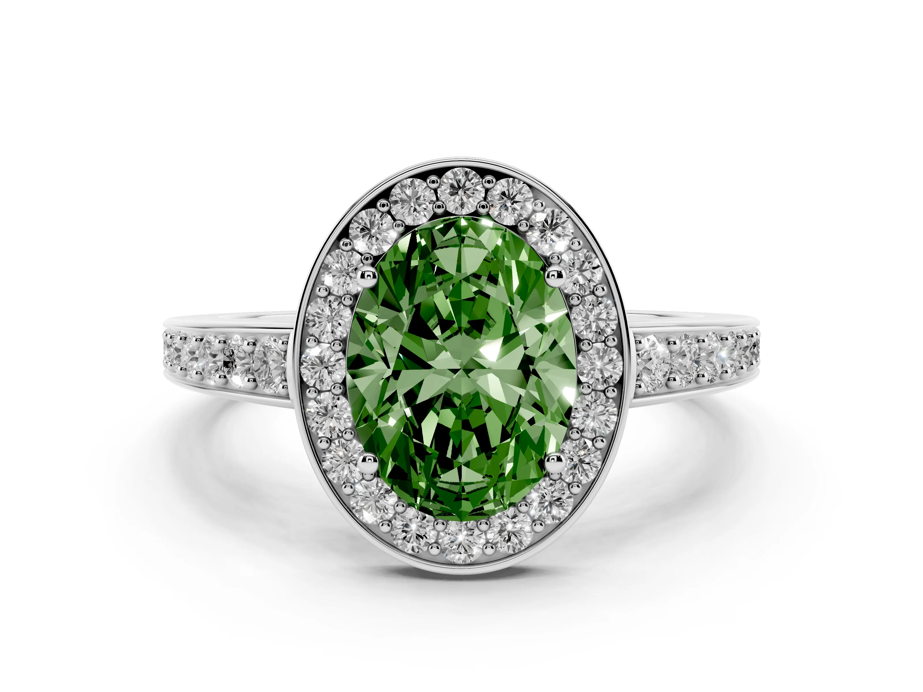 Fancy Green Oval Cut Diamond Halo Pavé Engagement Ring Set in White gold with Bezel Setting