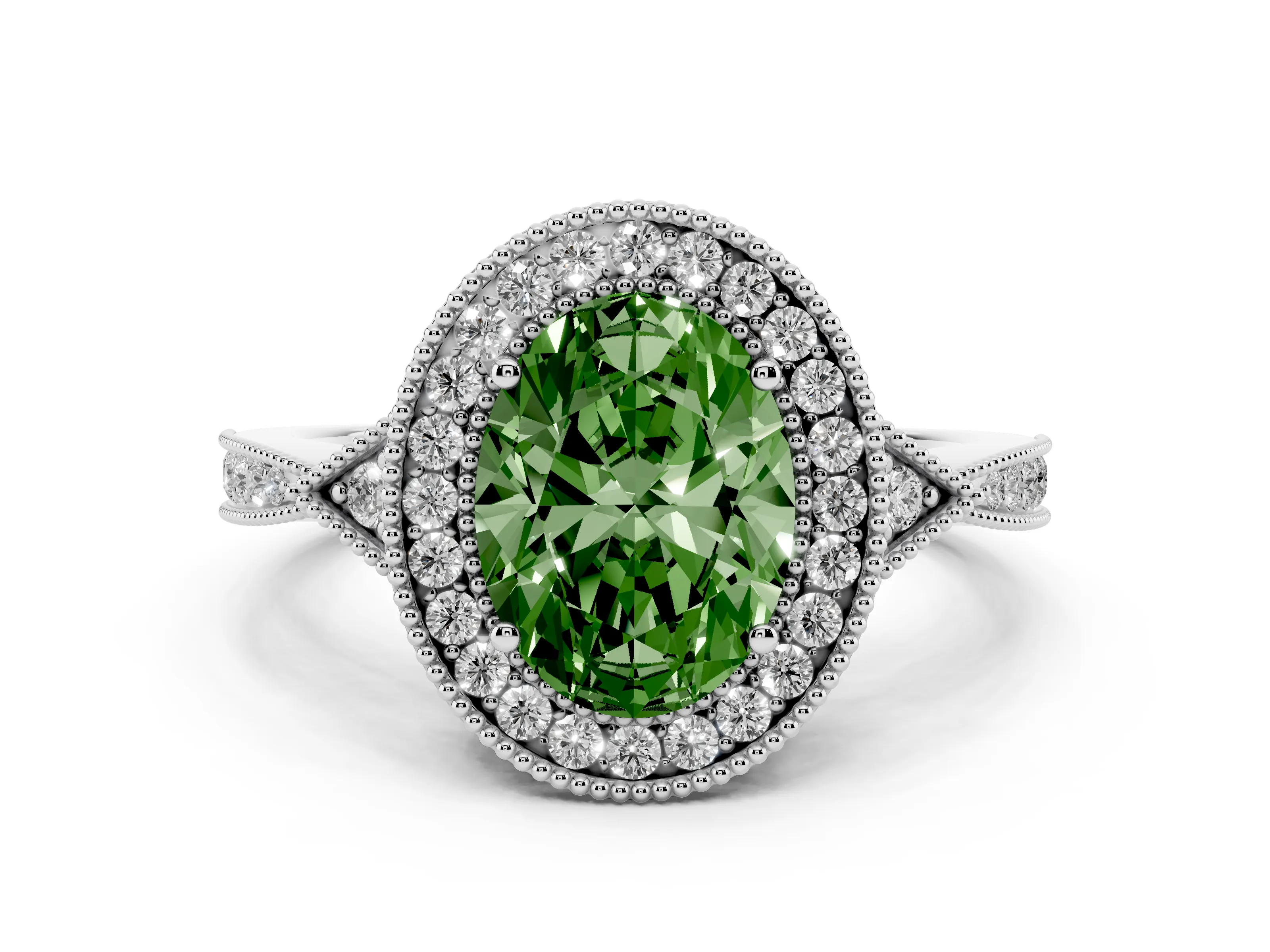 Fancy Green Oval Cut Diamond Halo Engagement Ring Set in Silver with Milgrain Pavé Band