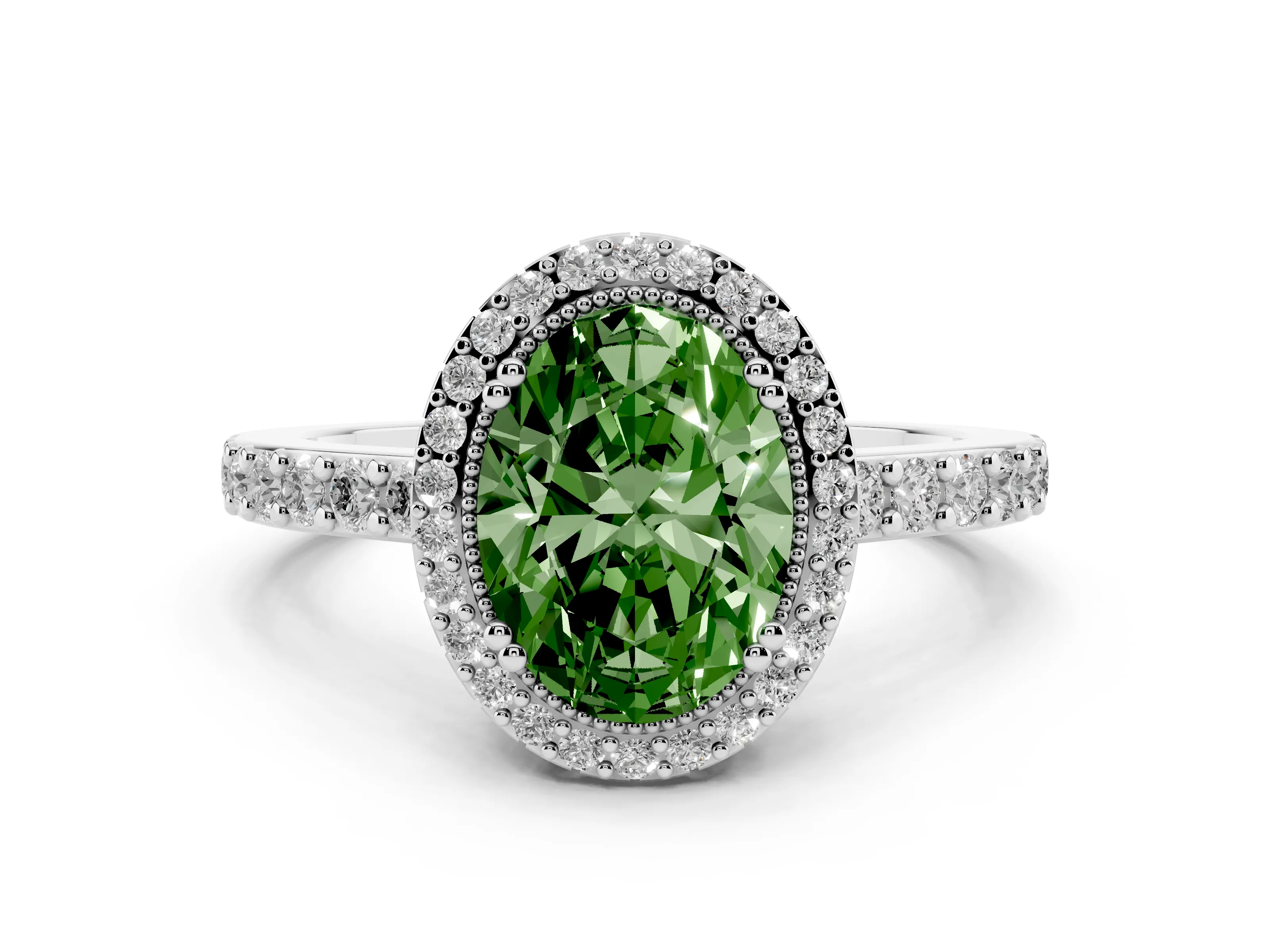 Fancy Green Oval Cut Diamond Halo Engagement Ring Set in Platinum with Milgrain Detail and Pavé Band