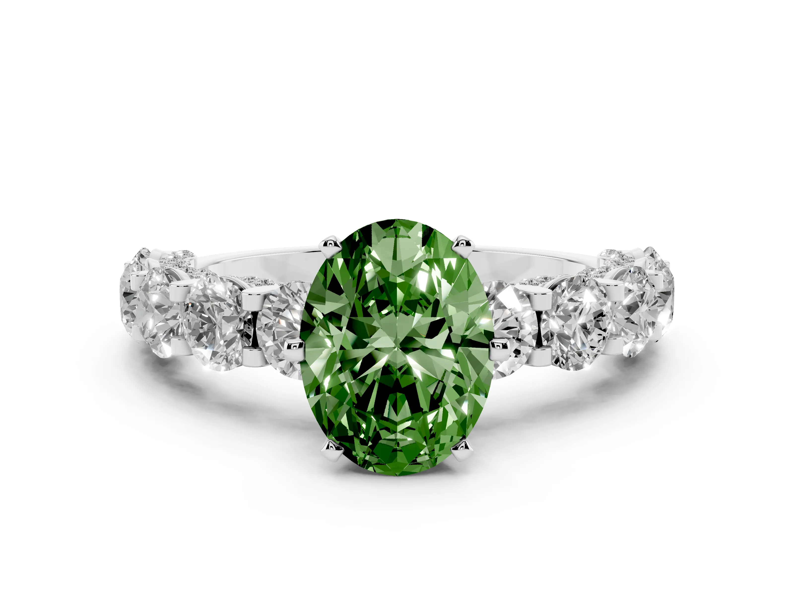Fancy Green Oval Cut Diamond Side Stone Ring Set in Platinum with Alternating Round and Oval Side Stones