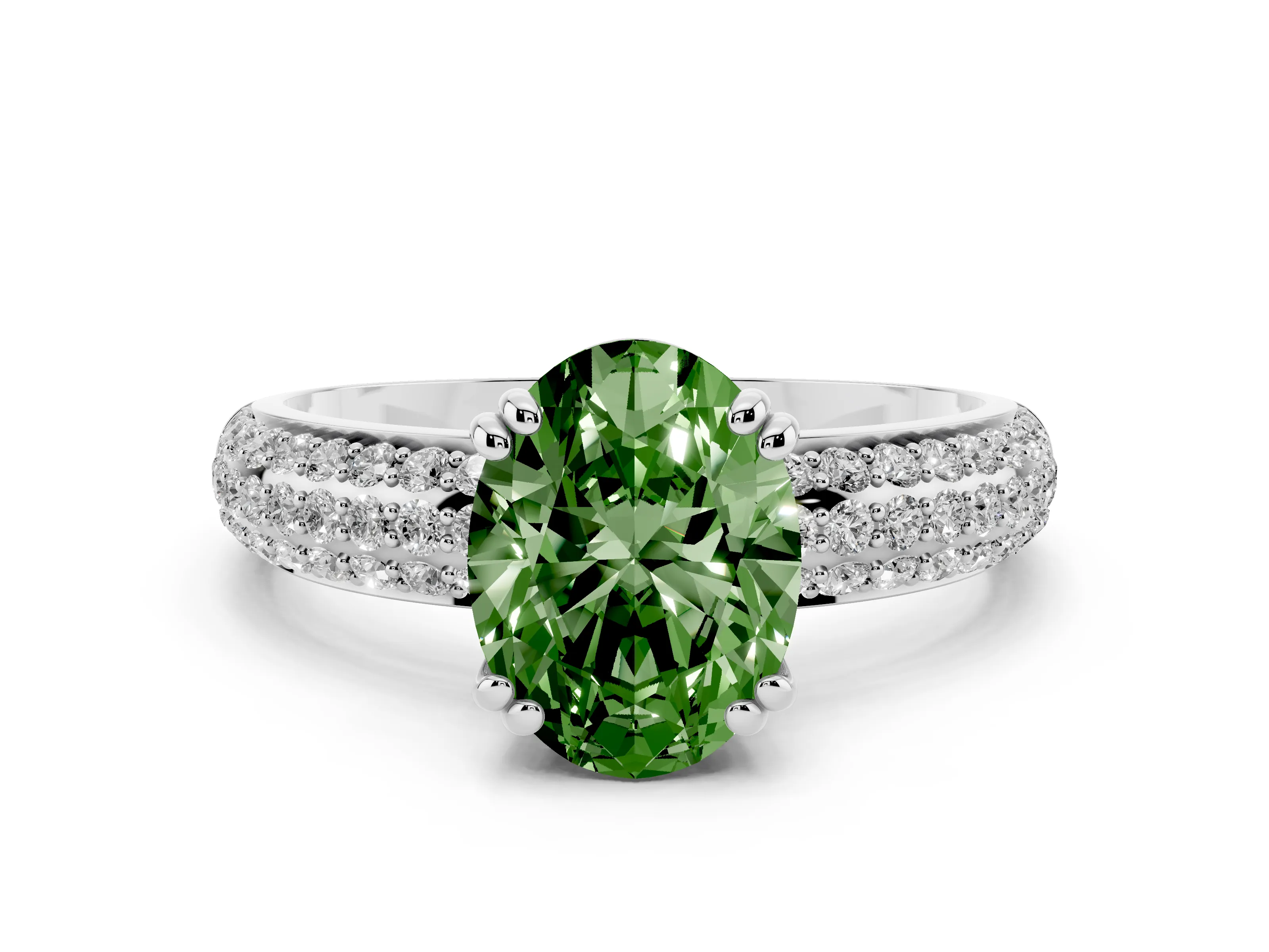 Fancy Green Oval Cut Diamond Solitaire Ring Set in Platinum with Multi-Row Round Pavé Band and Prong Setting