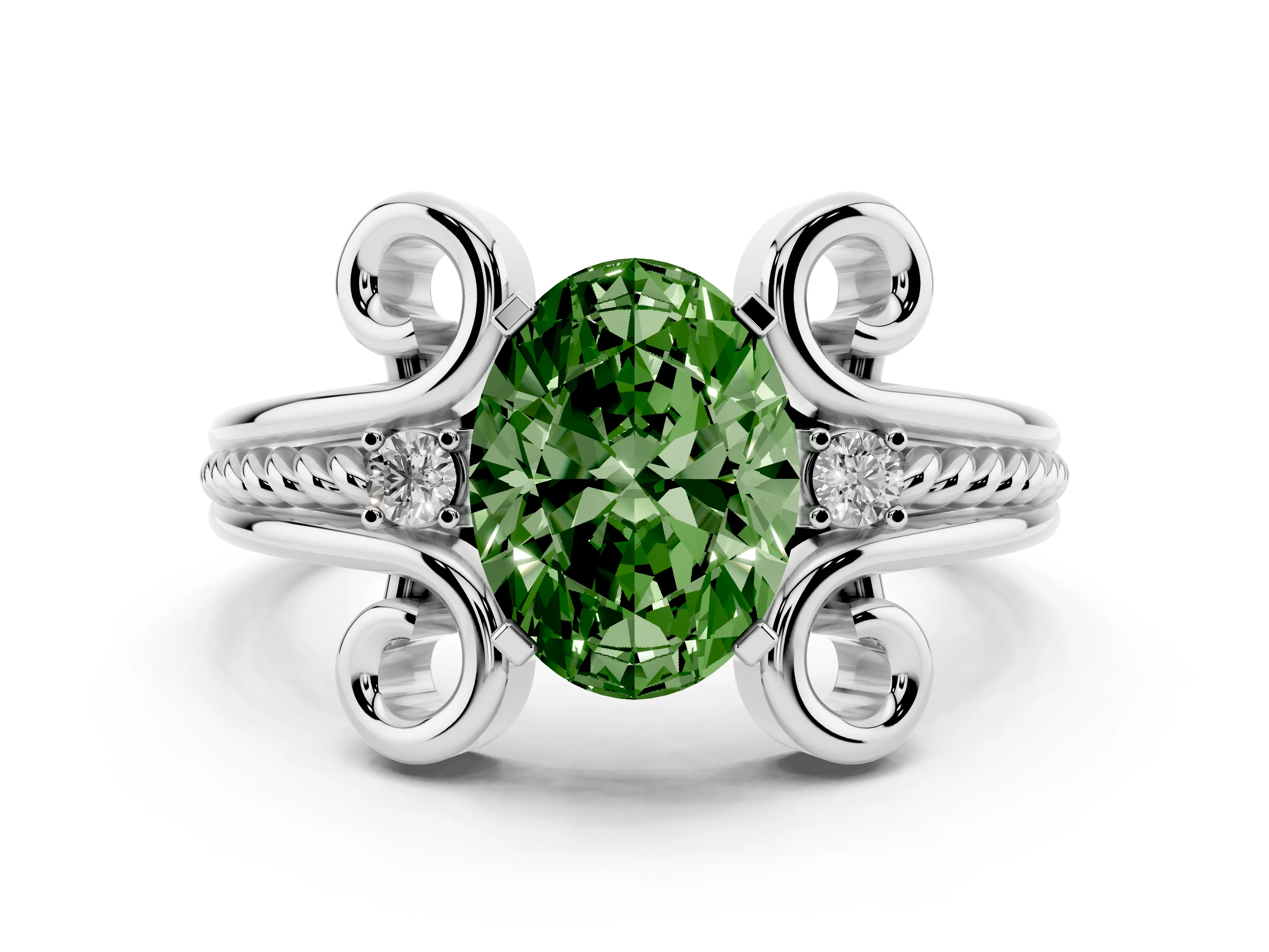 Fancy Green Oval Cut Diamond Twisted Band Solitaire Ring Set in Platinum with Scroll Prongs