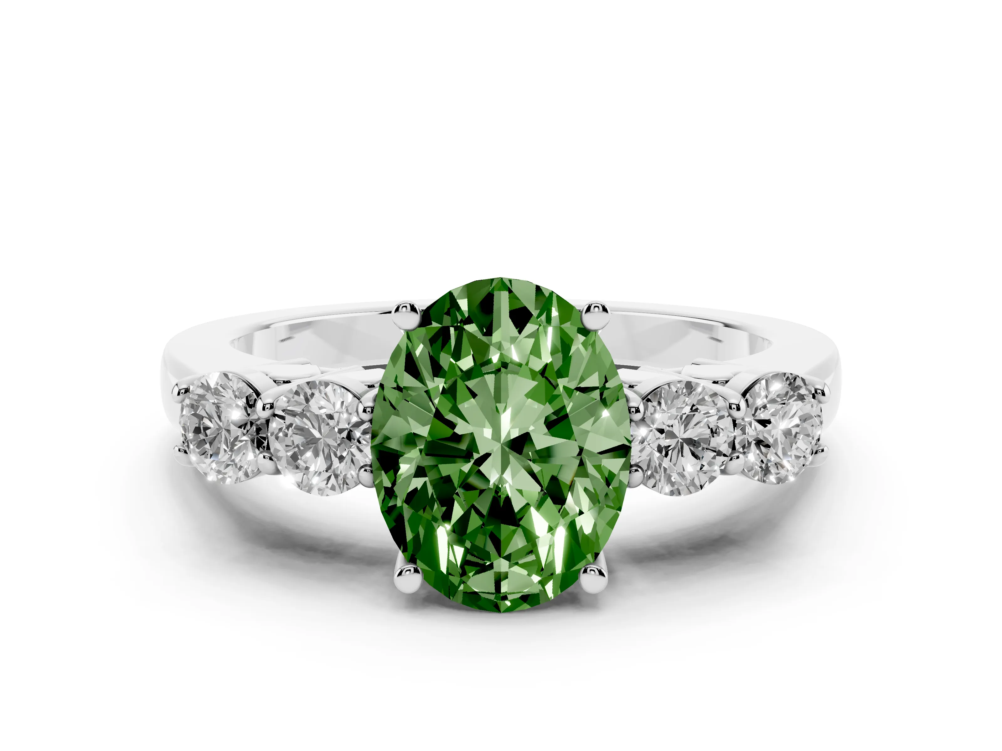 Fancy Green Oval Cut Diamond Five-Stone Prong Set Band Ring Set in Platinum with Polished Band