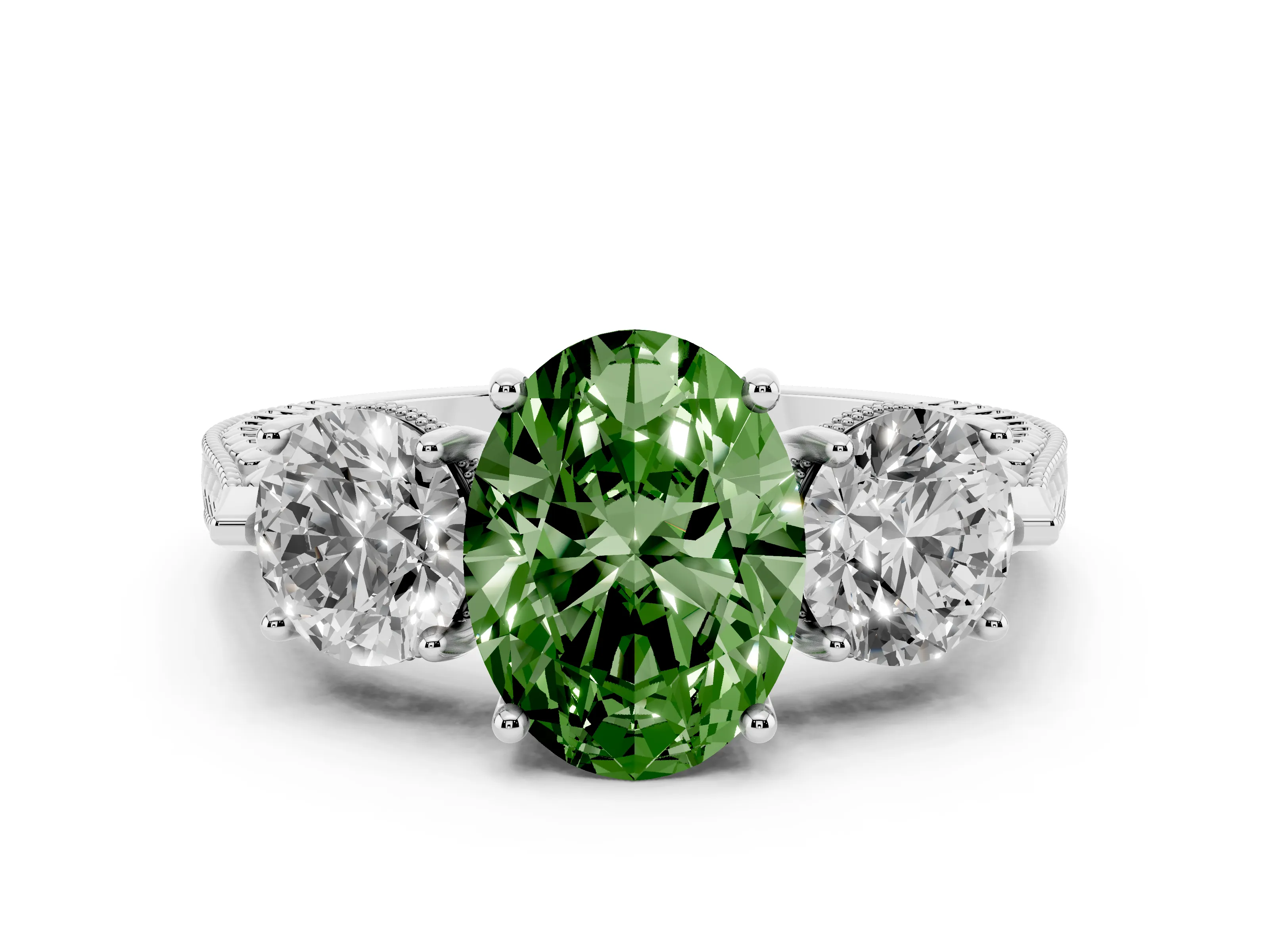 Fancy Green Oval Cut Diamond Three-Stone Ring Set in Platinum with Milgrain Band