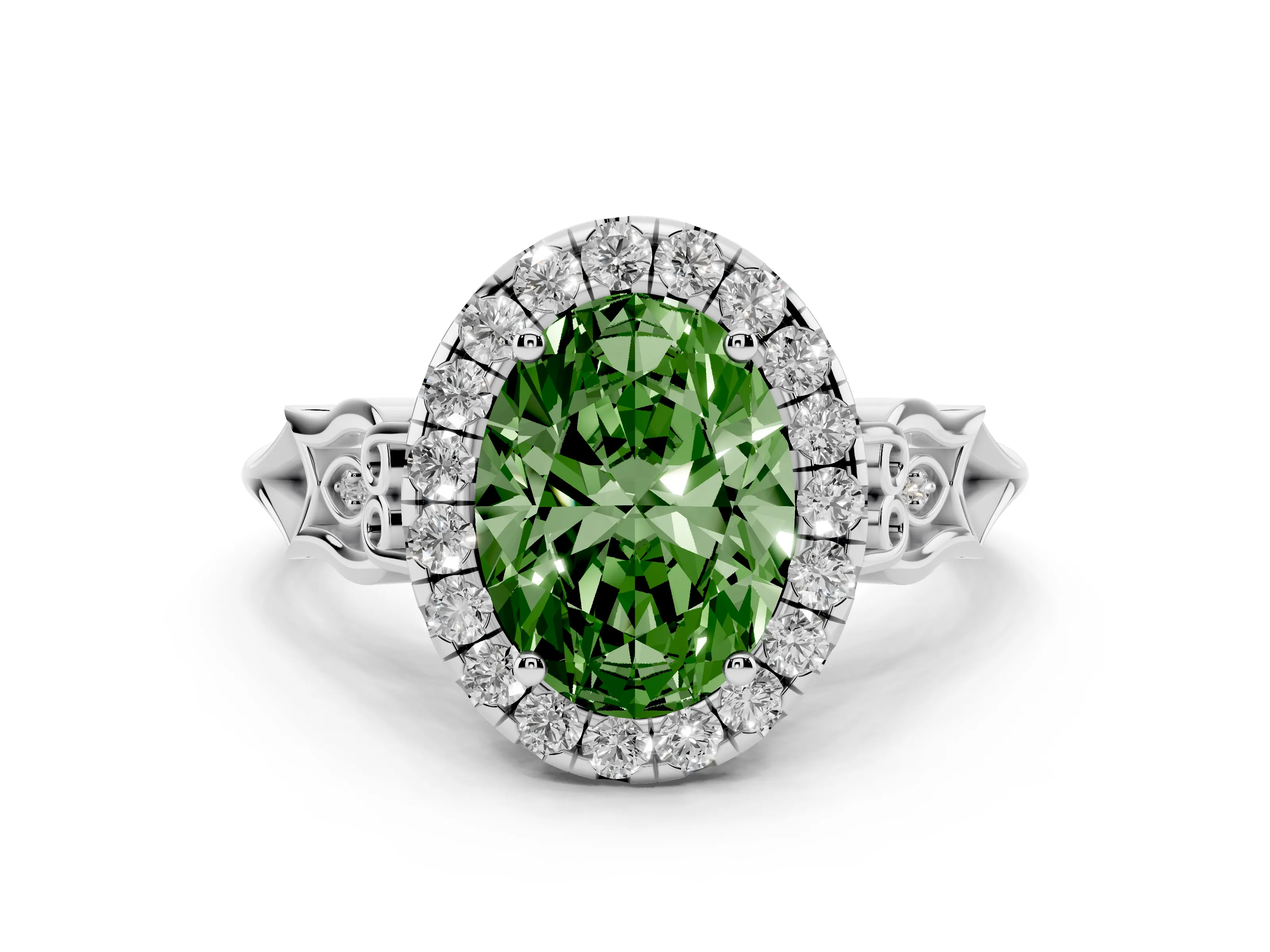 Fancy Green Oval Cut Diamond Halo Engagement Ring Set in Platinum with Filigree Band and Prong-Set Center