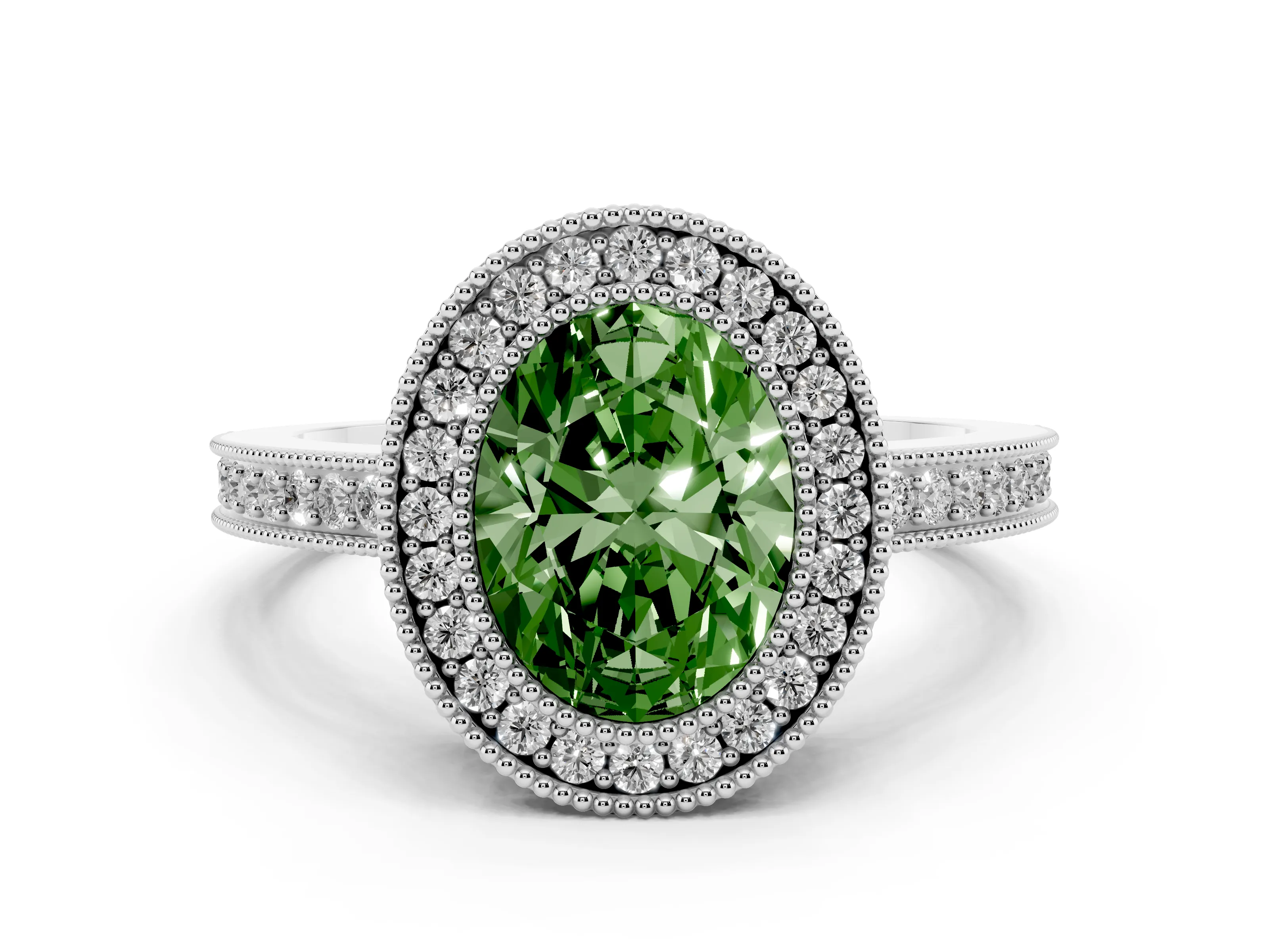Fancy Green Oval Cut Diamond Round Halo Ring Set in White gold with Pavé Band