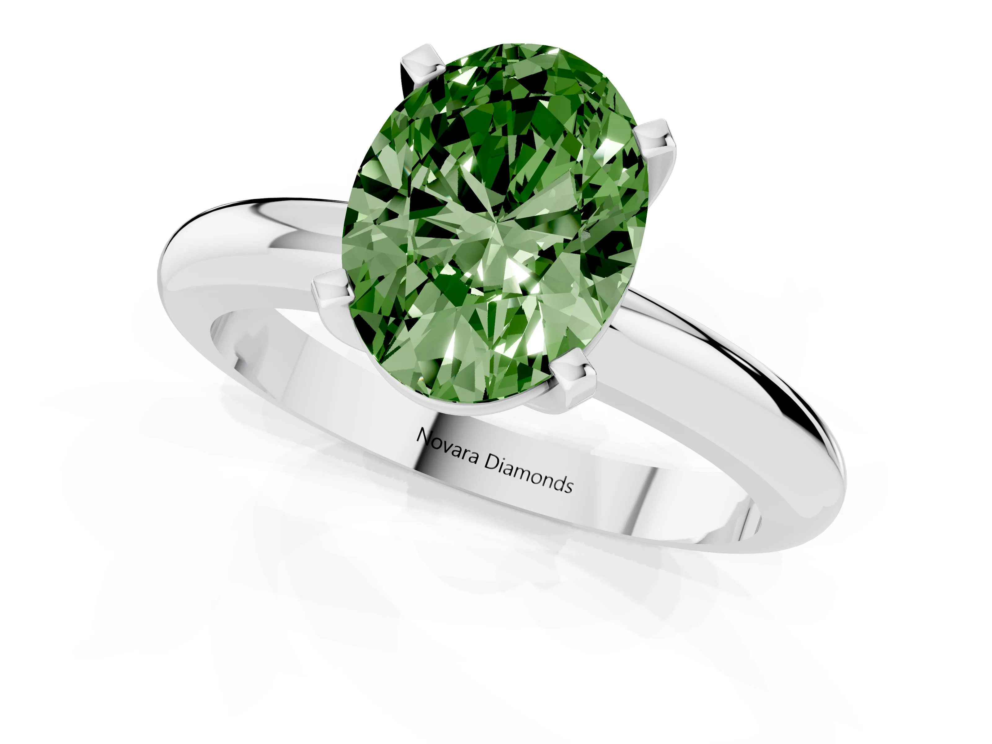 Fancy Green Oval Cut Diamond Solitaire Engagement Ring Set in White gold with Round Band and Prong Setting