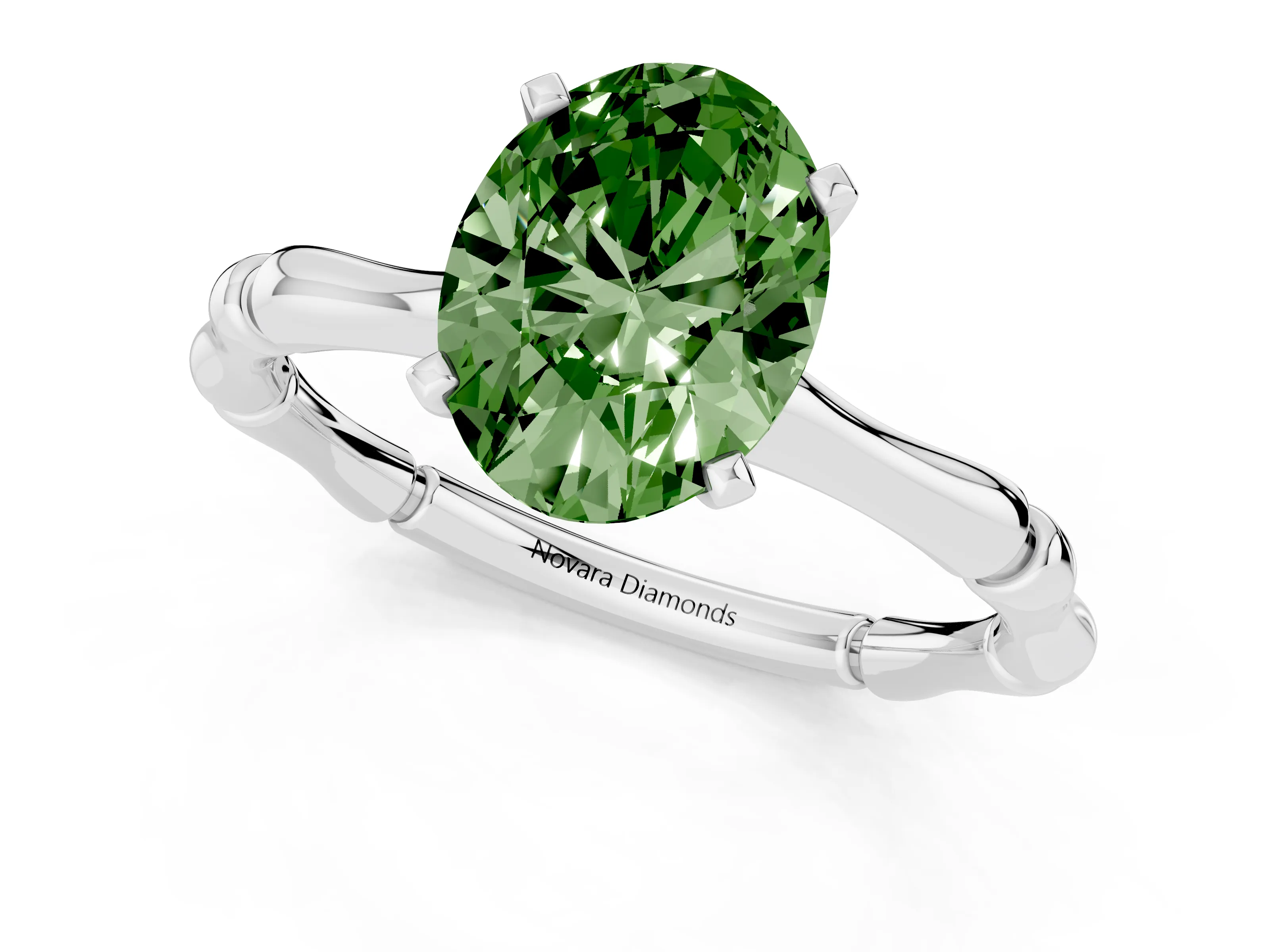 Fancy Green Oval Cut Diamond Solitaire Ring Set in Platinum with Bamboo Band and Prong Setting