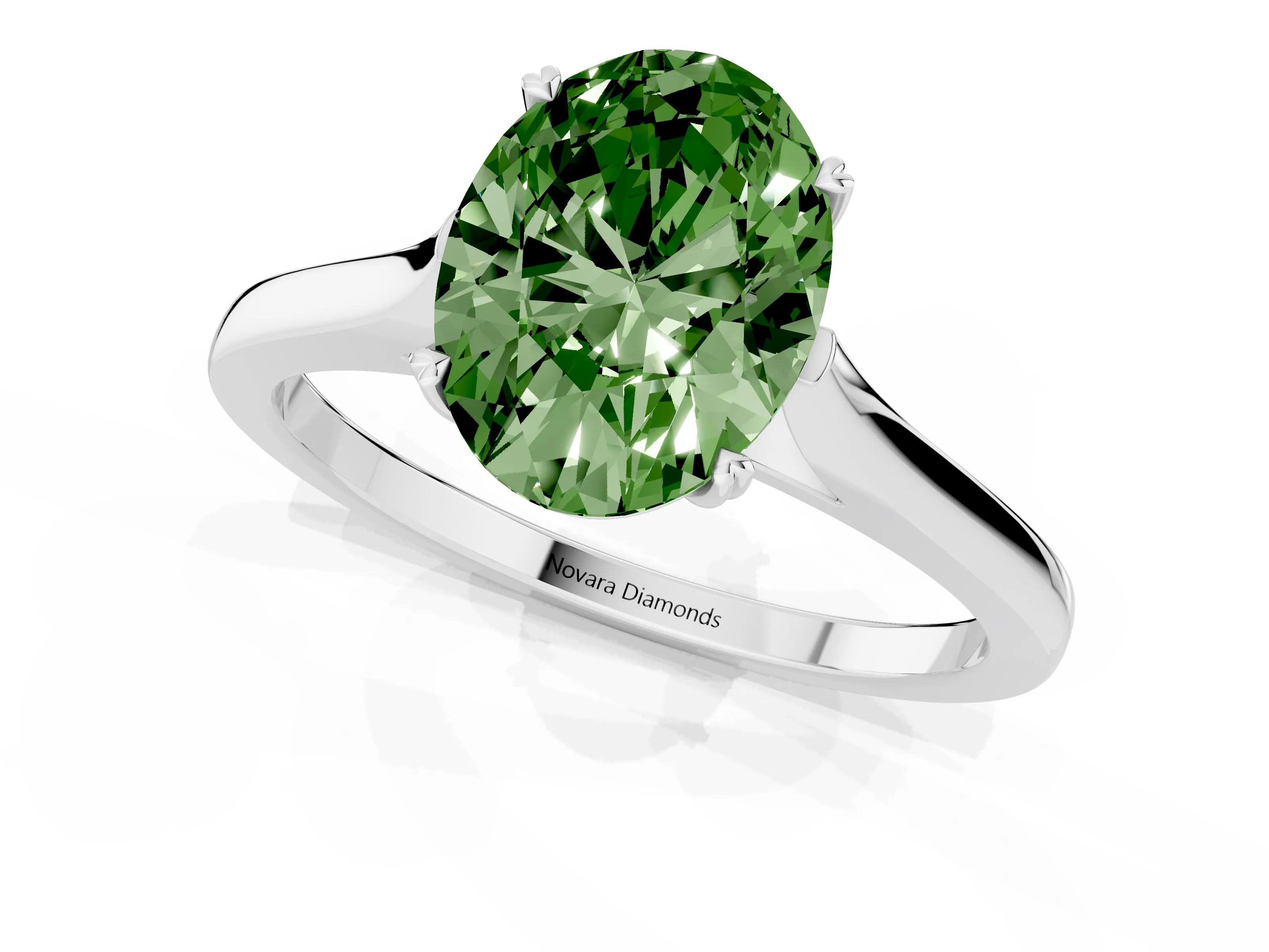 Fancy Green Oval Cut Diamond Solitaire Heart Prong Engagement Ring Set in Platinum with Tapered Band