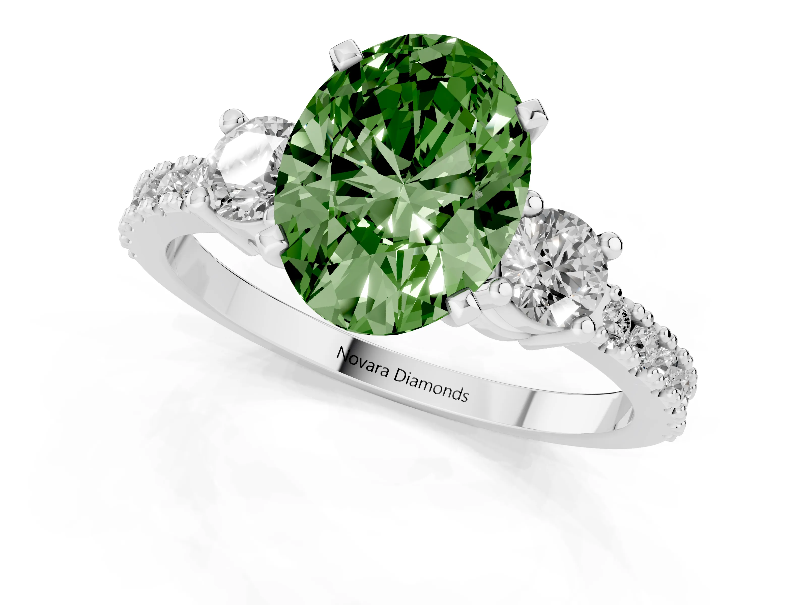 Fancy Green Three-Stone Oval Cut Diamond Pavé Band Ring Set in Silver with Prong Setting