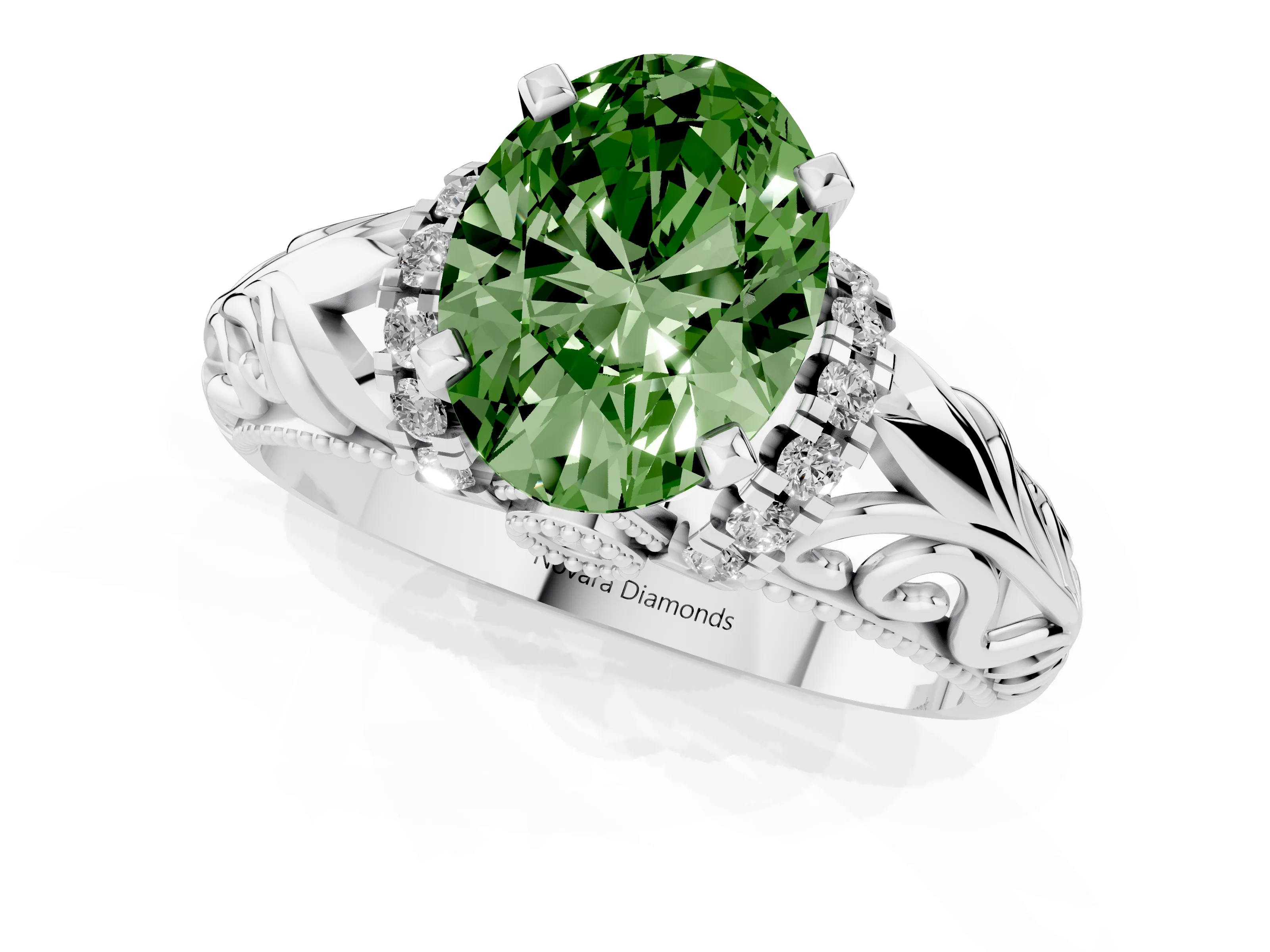 Fancy Green Oval Cut Diamond Filigree Halo Engagement Ring Set in White gold with Prong Setting