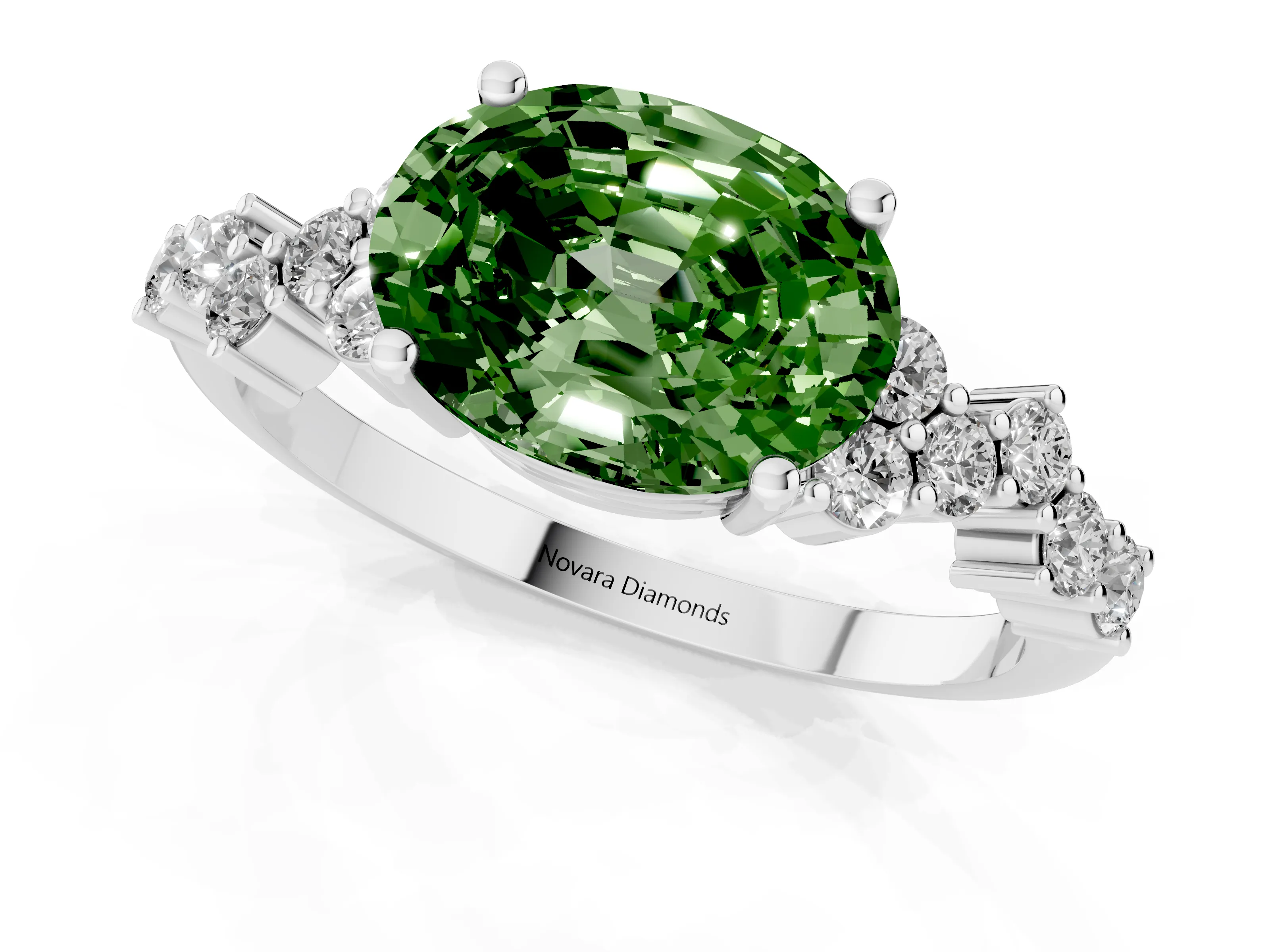 Fancy Green Oval Cut Diamond Ring Set in Silver with Scattered Round Accents