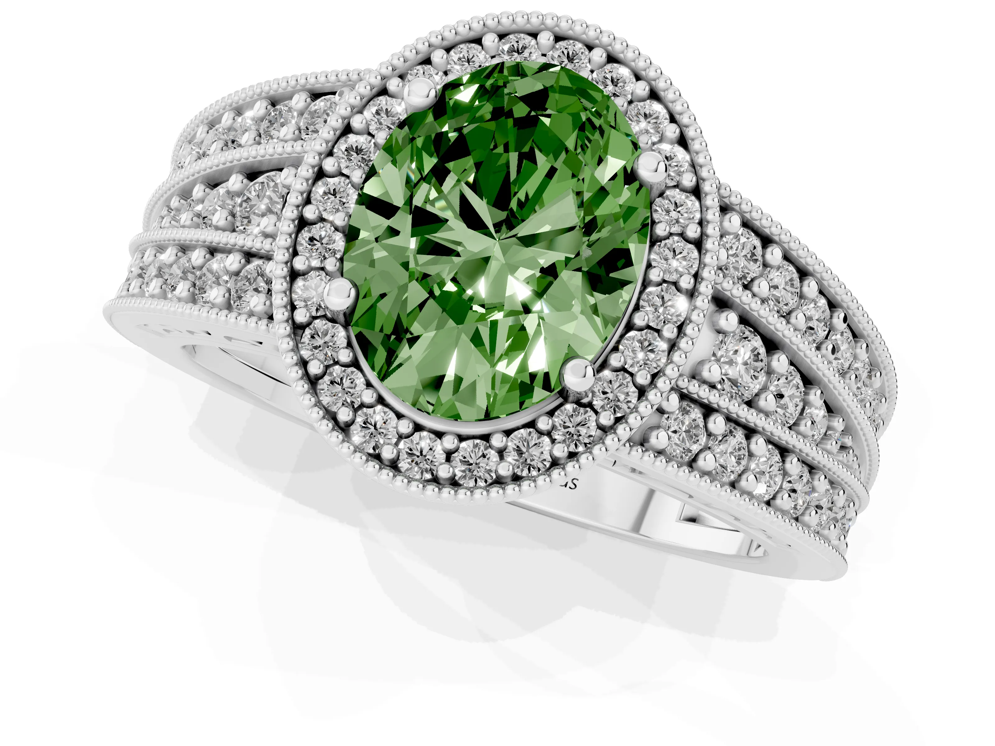 Fancy Green Oval Cut Diamond Halo Ring Set in White gold with Accent Split Shank and Prong Setting