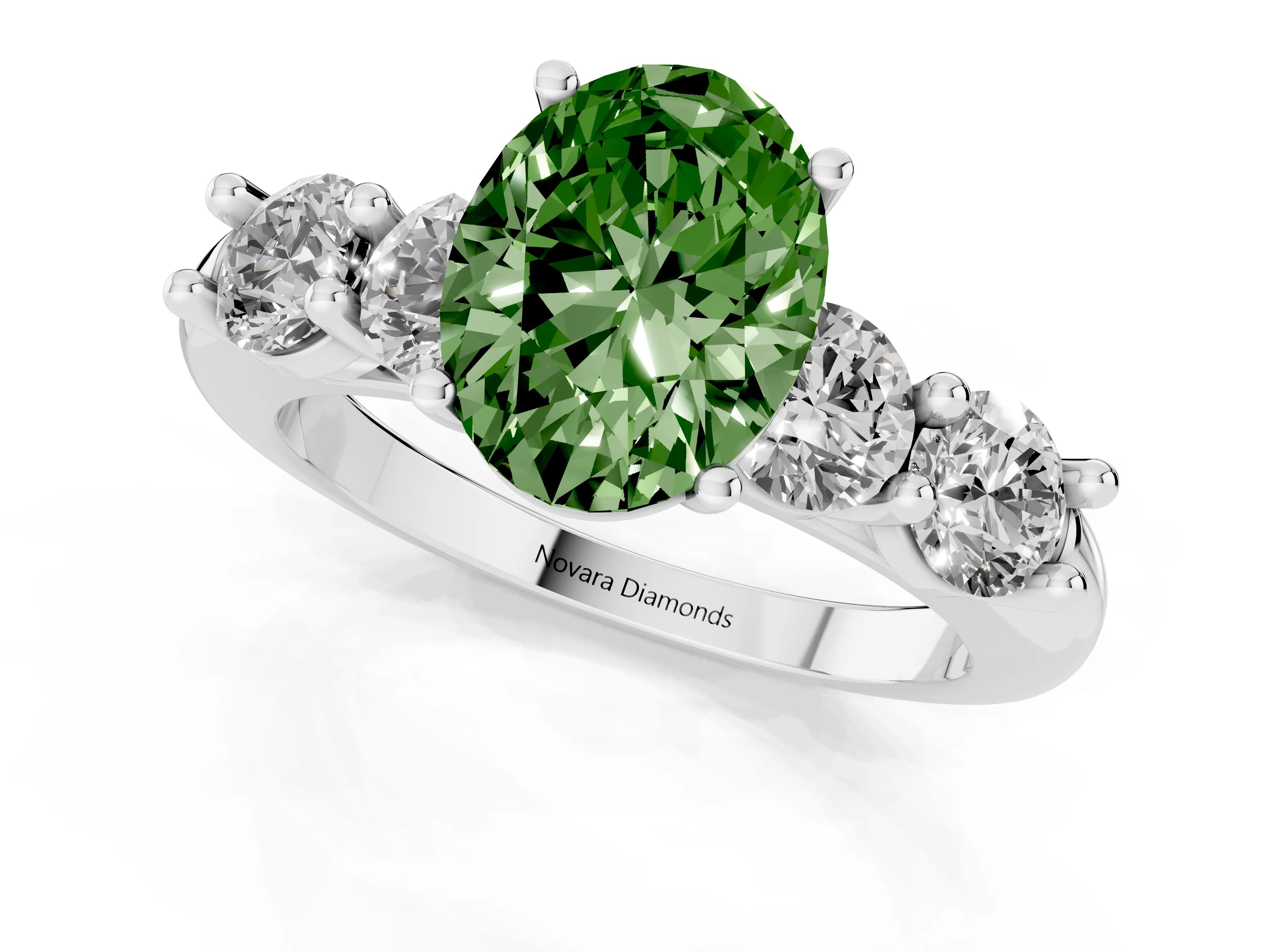 Fancy Green Oval Cut Diamond Five-Stone Prong Set Ring Set in White gold with Classic Band