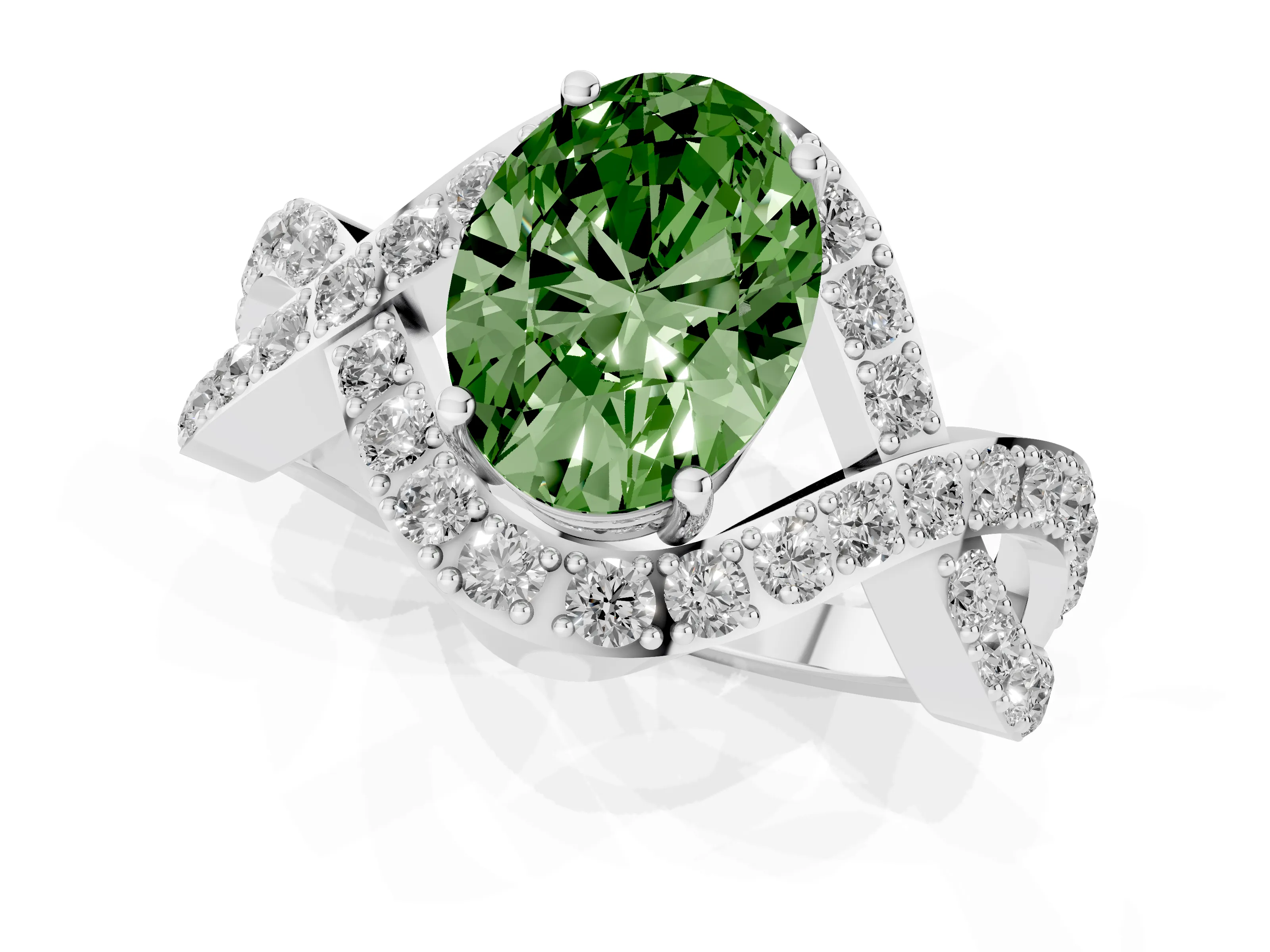 Fancy Green Oval Cut Diamond Solitaire Twist Band Pavé Engagement Ring Set in Silver