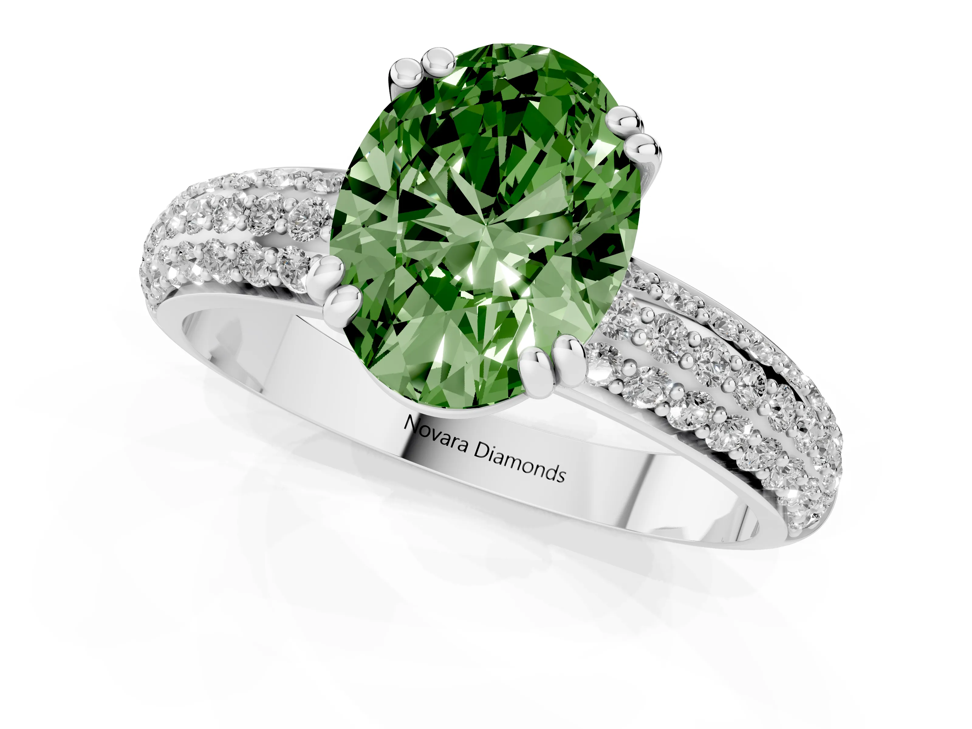 Fancy Green Oval Cut Diamond Solitaire Ring Set in Platinum with Multi-Row Round Pavé Band and Prong Setting