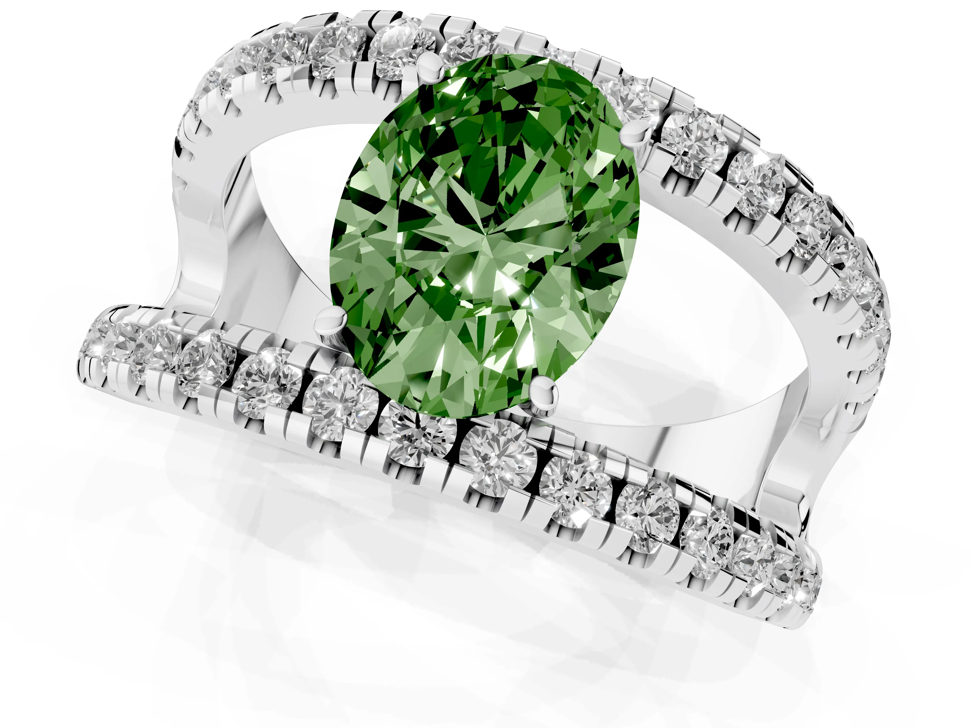 Fancy Green Oval Cut Diamond Split Shank Pavé Solitaire Ring Set in Platinum with Open Shank Design