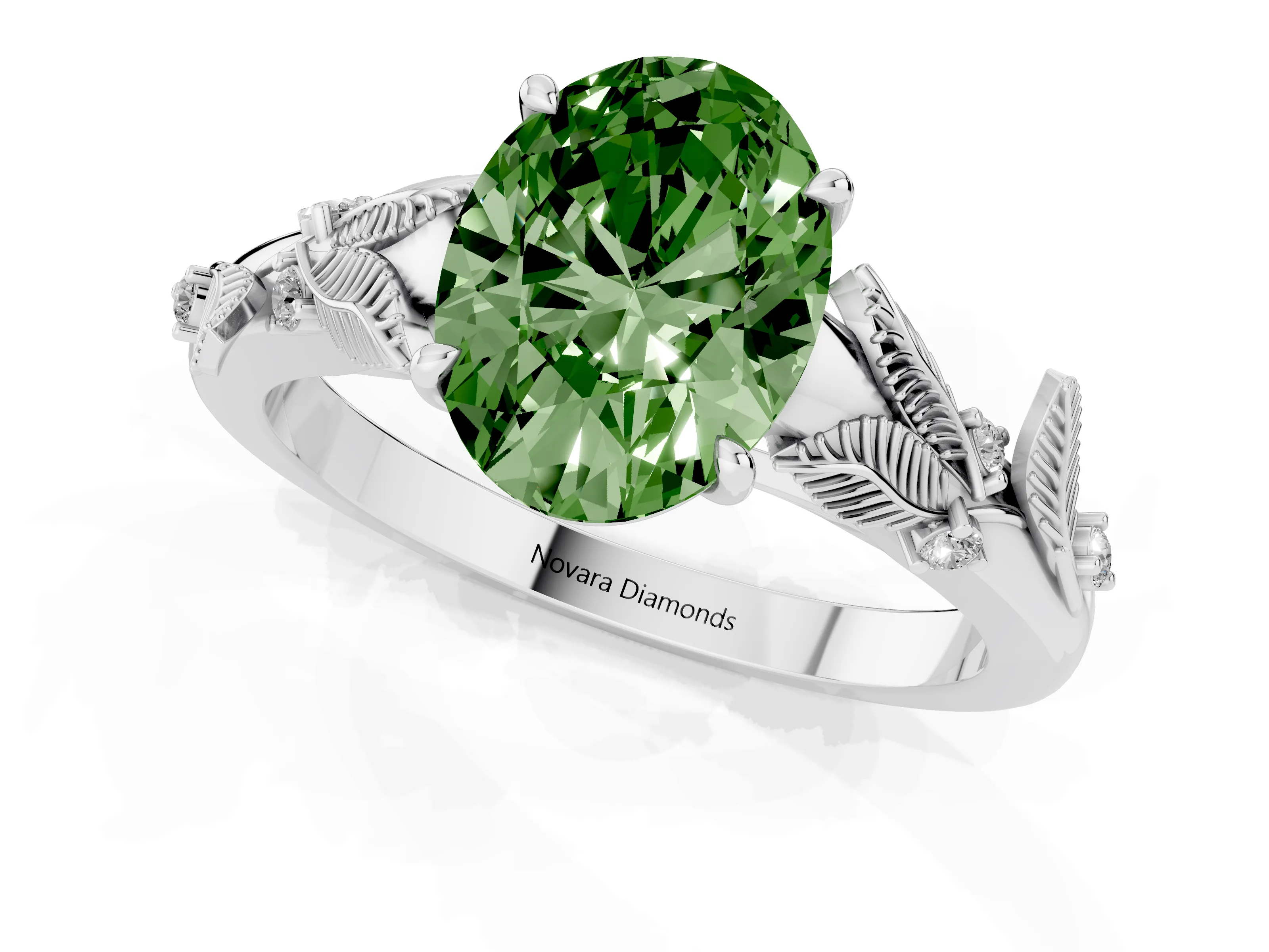 Fancy Green Oval Cut Diamond Solitaire Ring Set in Platinum with Leaf Motif Band