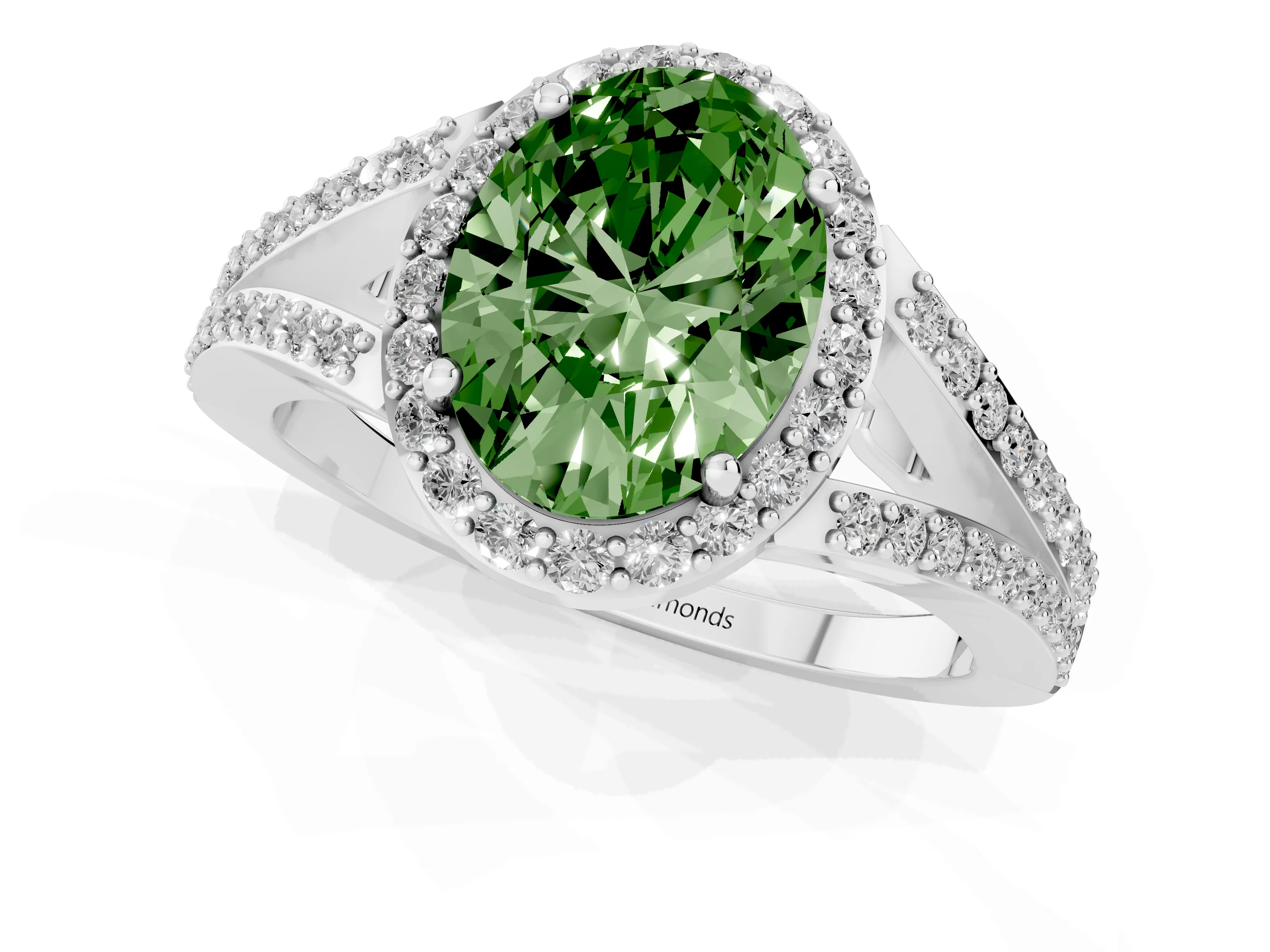 Fancy Green Oval Cut Diamond Halo Split Shank Ring Set in White gold with Accent Stones and Prong Setting