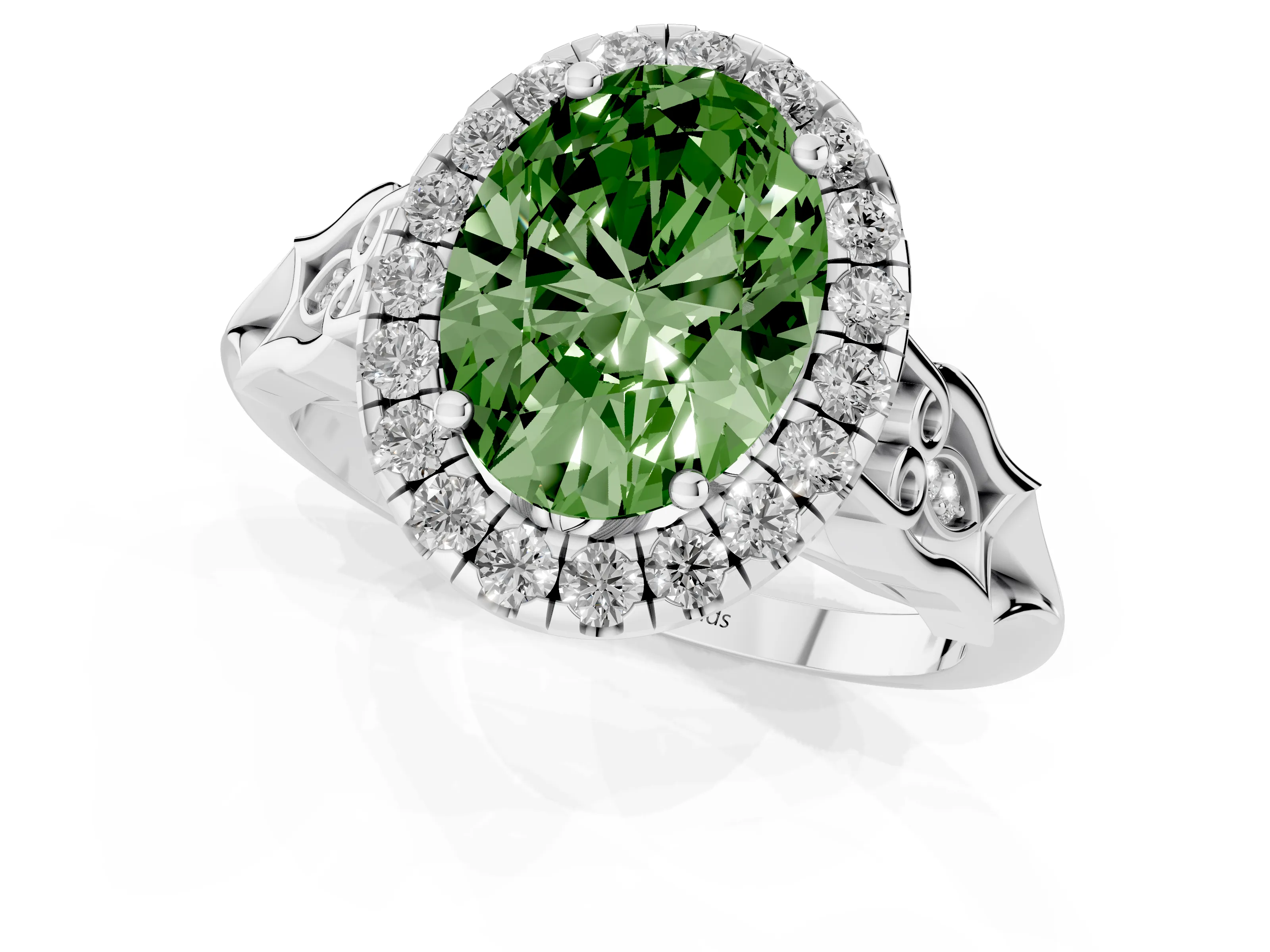 Fancy Green Oval Cut Diamond Halo Engagement Ring Set in Platinum with Filigree Band and Prong-Set Center – second view