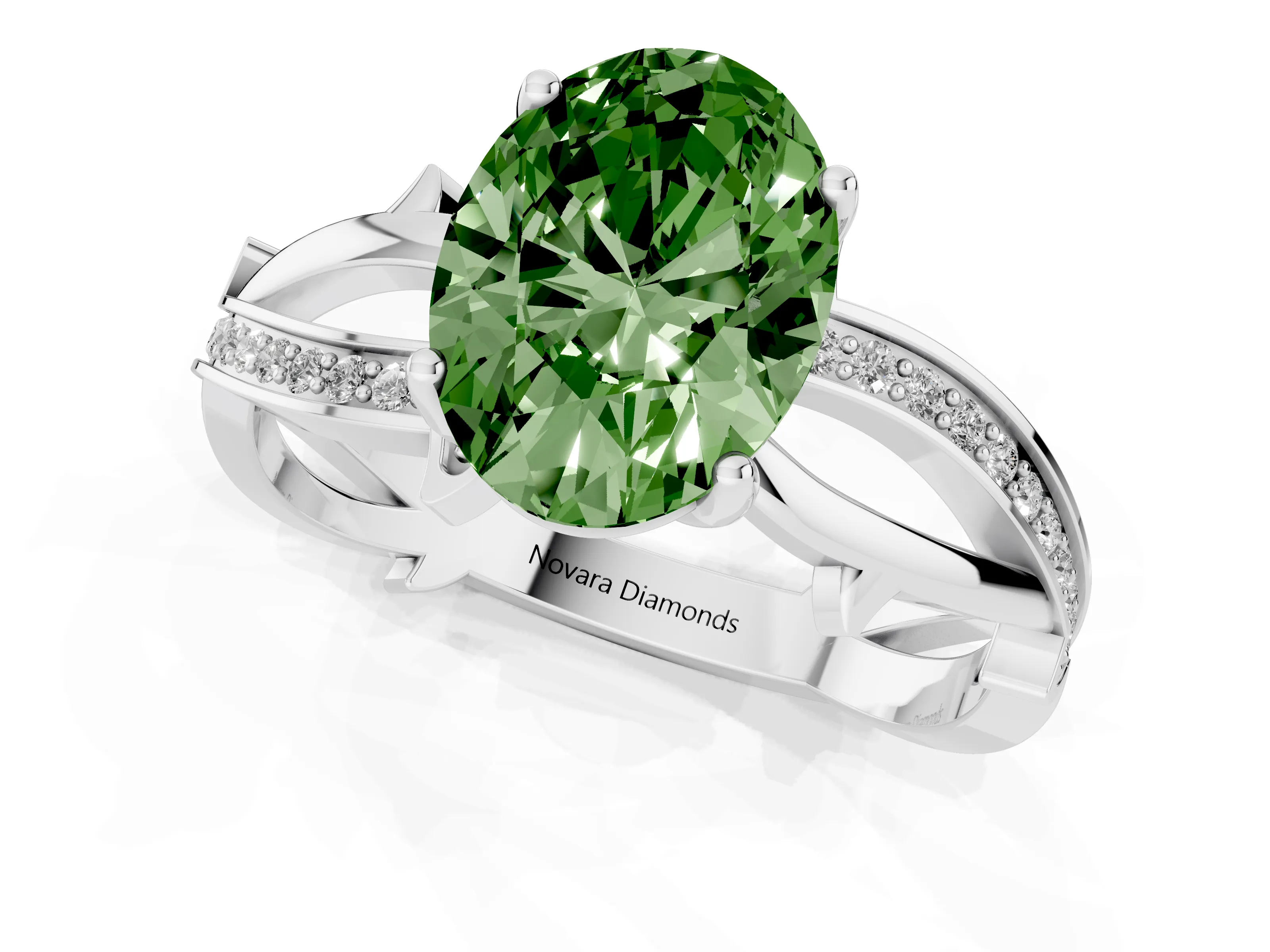 Fancy Green Oval Cut Diamond Pavé Twist Band Solitaire Ring Set in Platinum with Prong Setting