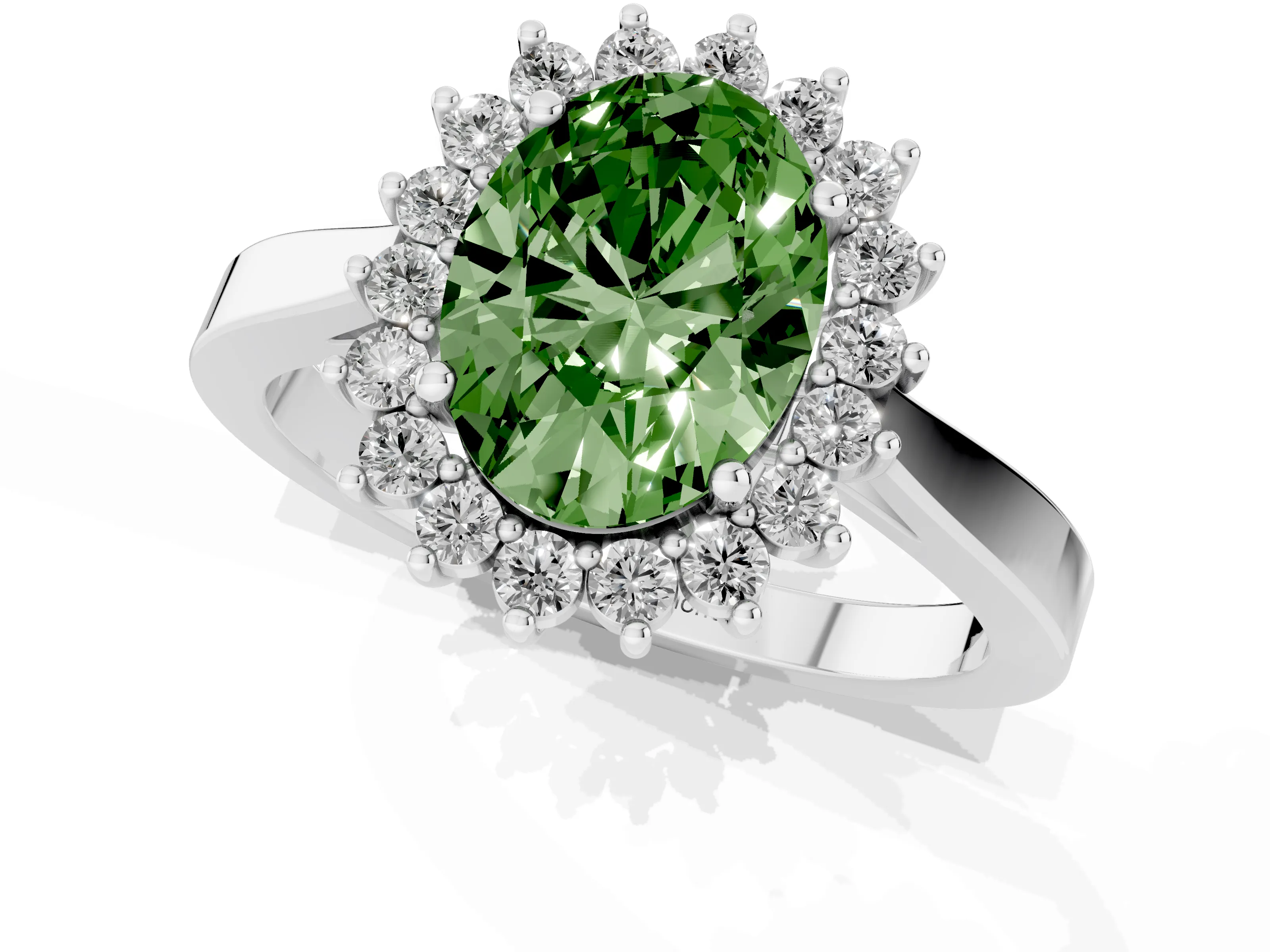 Fancy Green Oval Cut Diamond Halo Ring Set in White gold with Round Halo and Smooth Solitaire Band