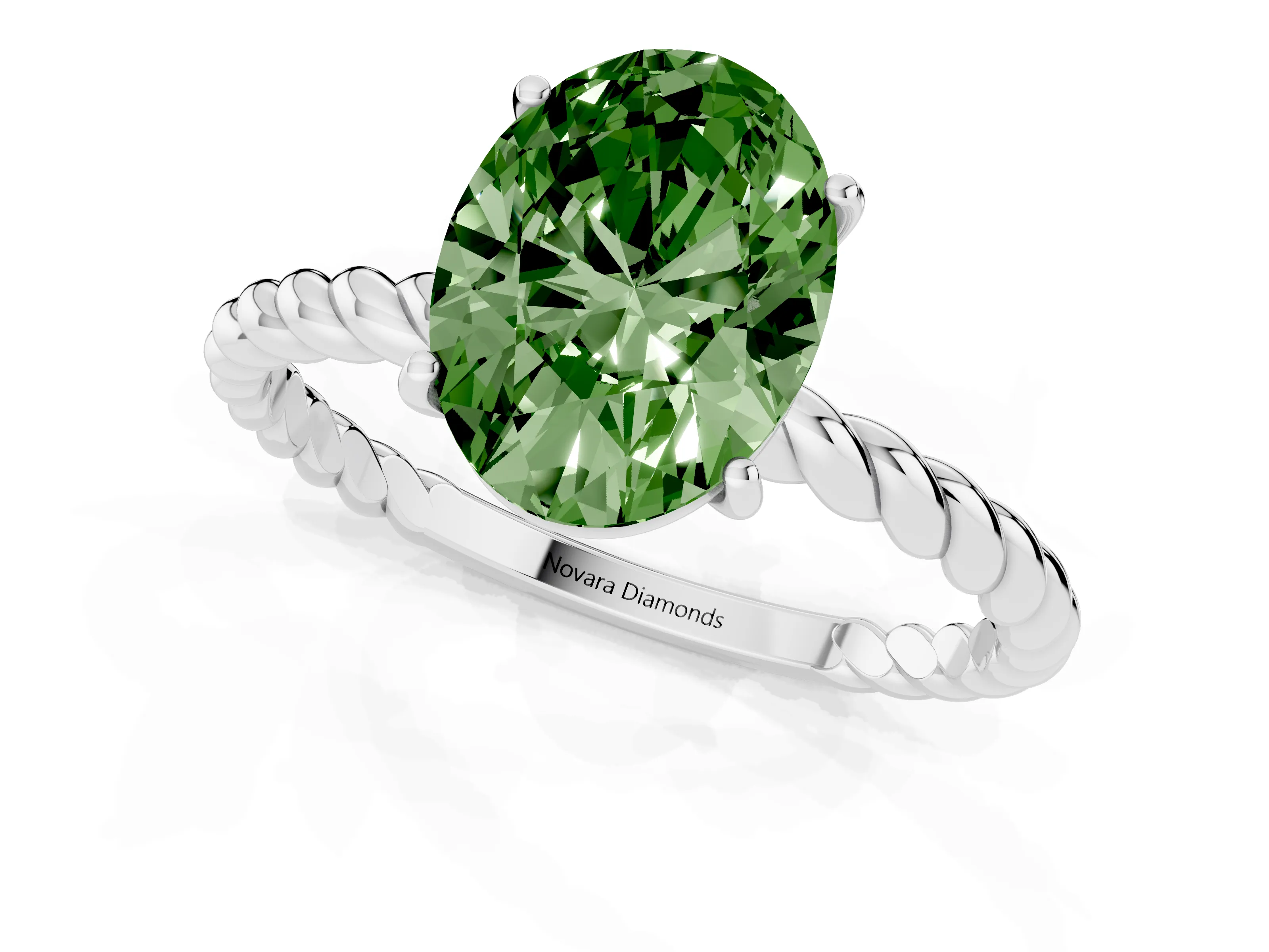 Fancy Green Oval Cut Diamond Solitaire Ring Set in White gold with Twist Band and Prong Setting