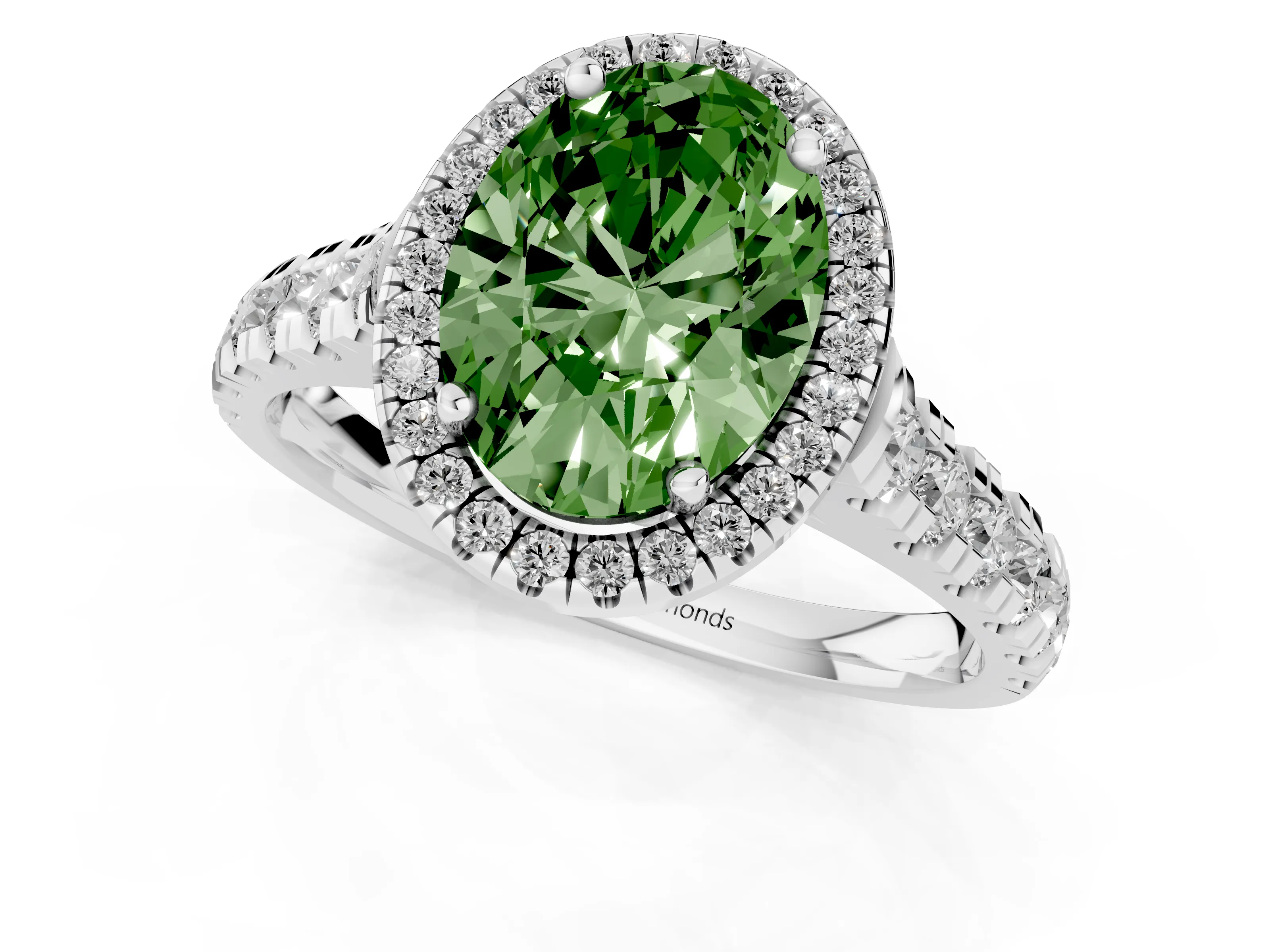 Fancy Green Oval Cut Diamond Halo Engagement Ring Set in White gold with Pavé Band and Prong-Set Center