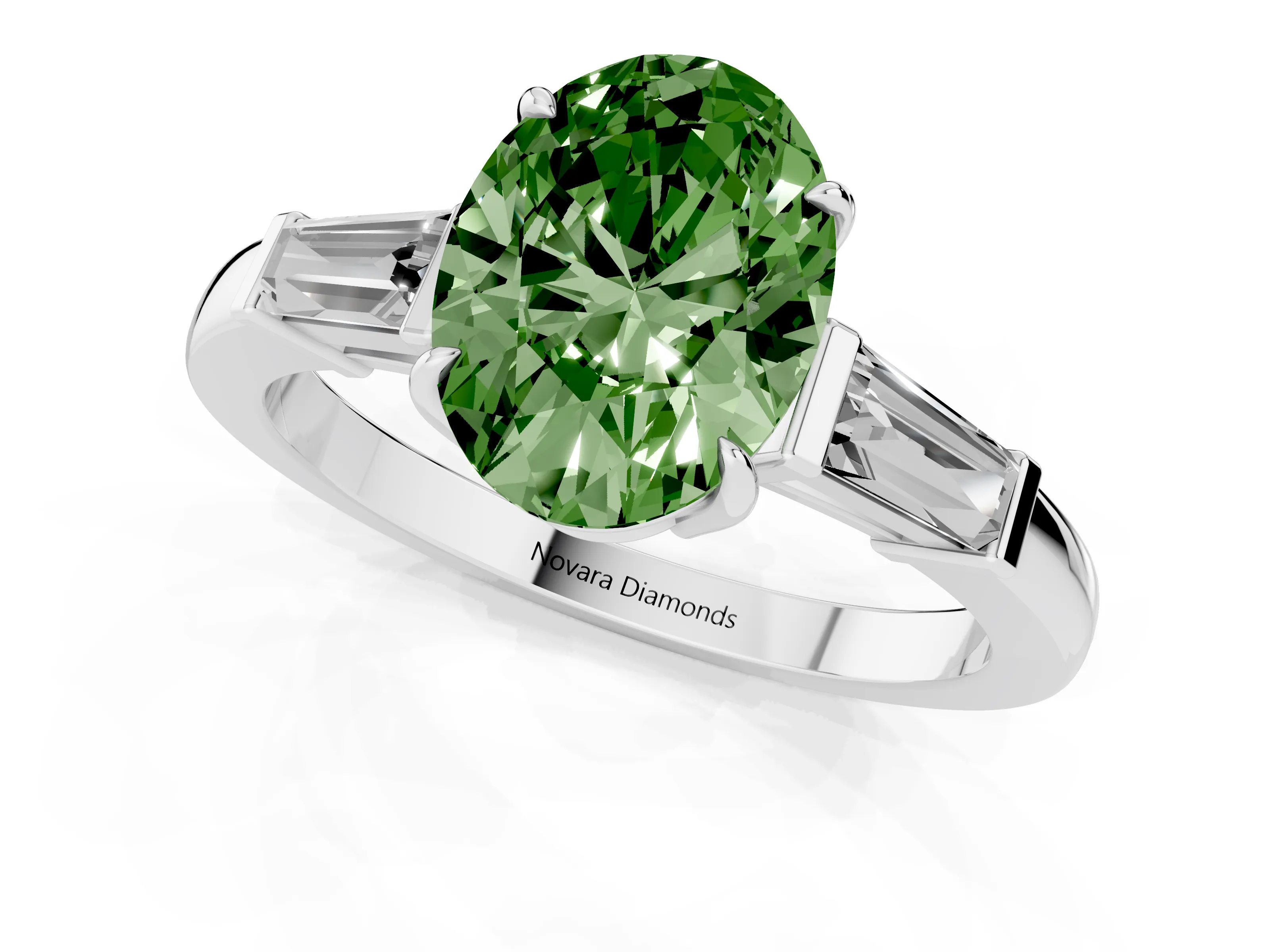 Fancy Green Oval Cut Diamond Three-Stone Ring Set in White gold with Tapered Baguette Side Stones and Prong Setting