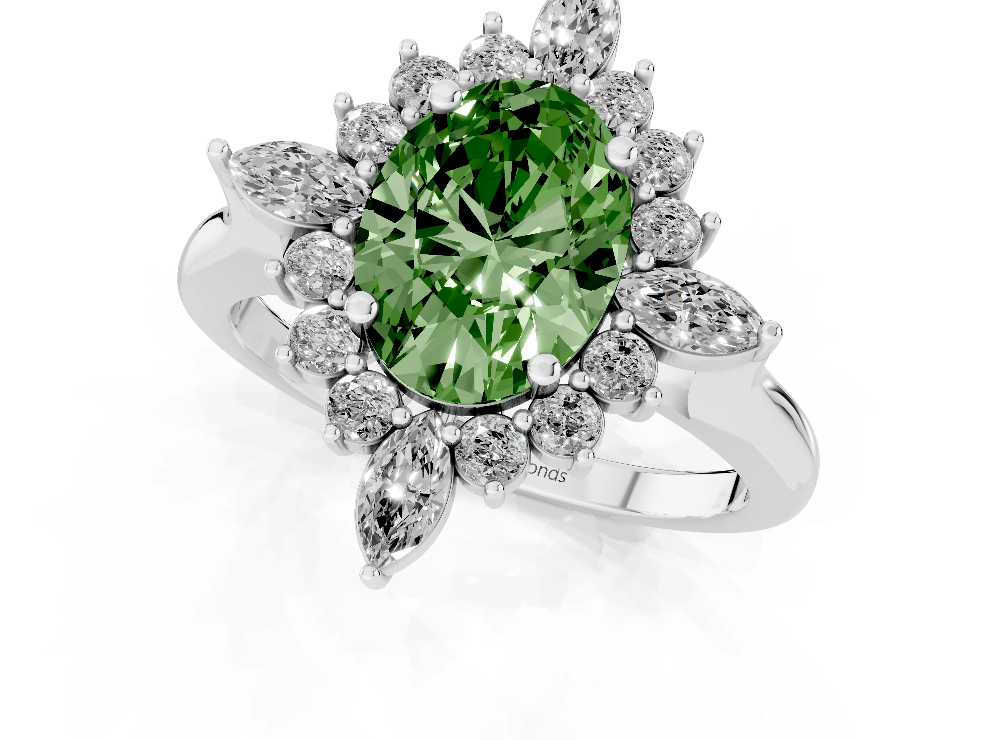 Fancy Green Oval Cut Diamond Cluster Halo Ring Set in White gold with Marquise and Round Accents