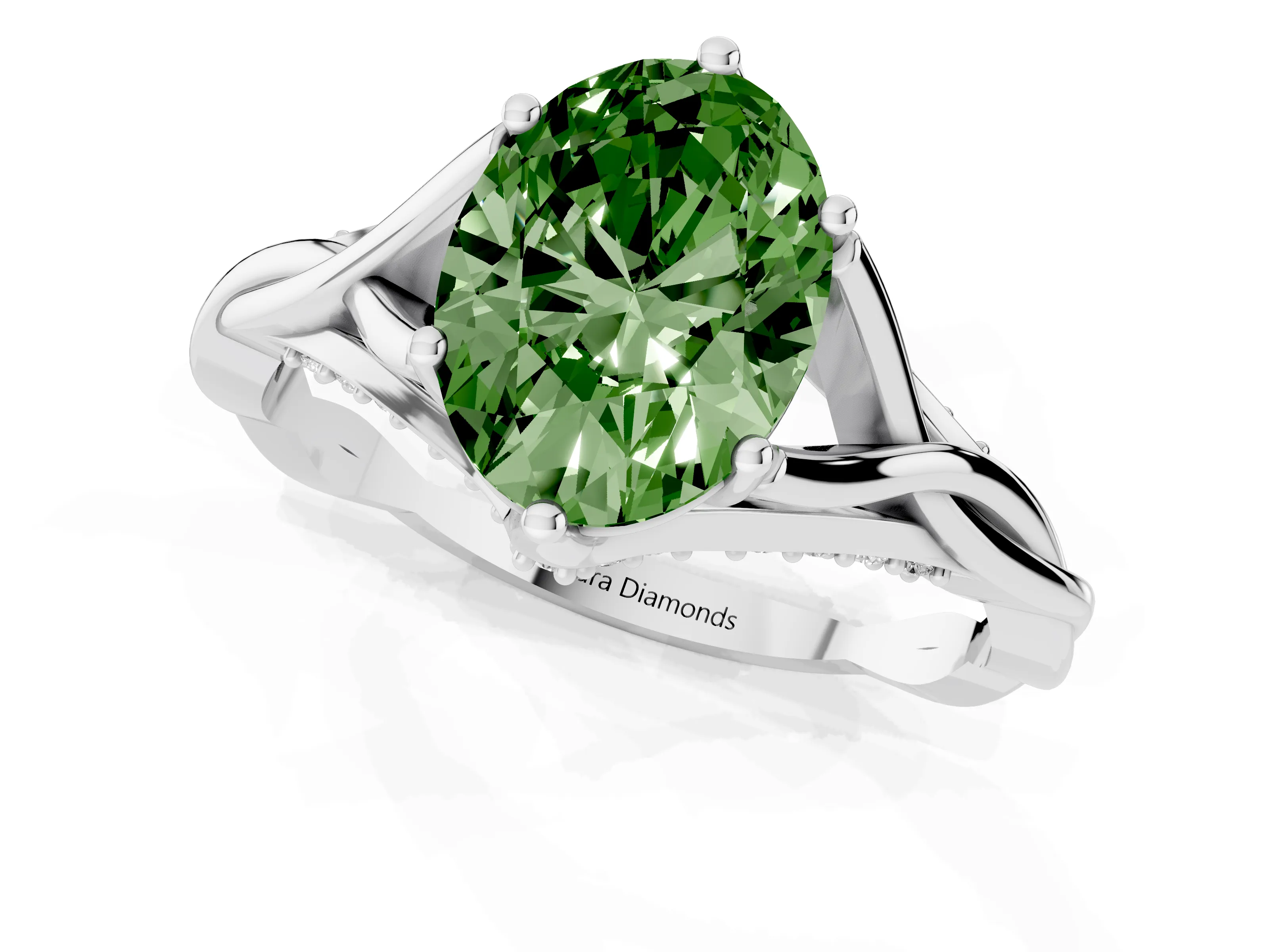 Fancy Green Oval Cut Diamond Intertwined Twist Band Solitaire Ring Set in White gold with Prong Setting