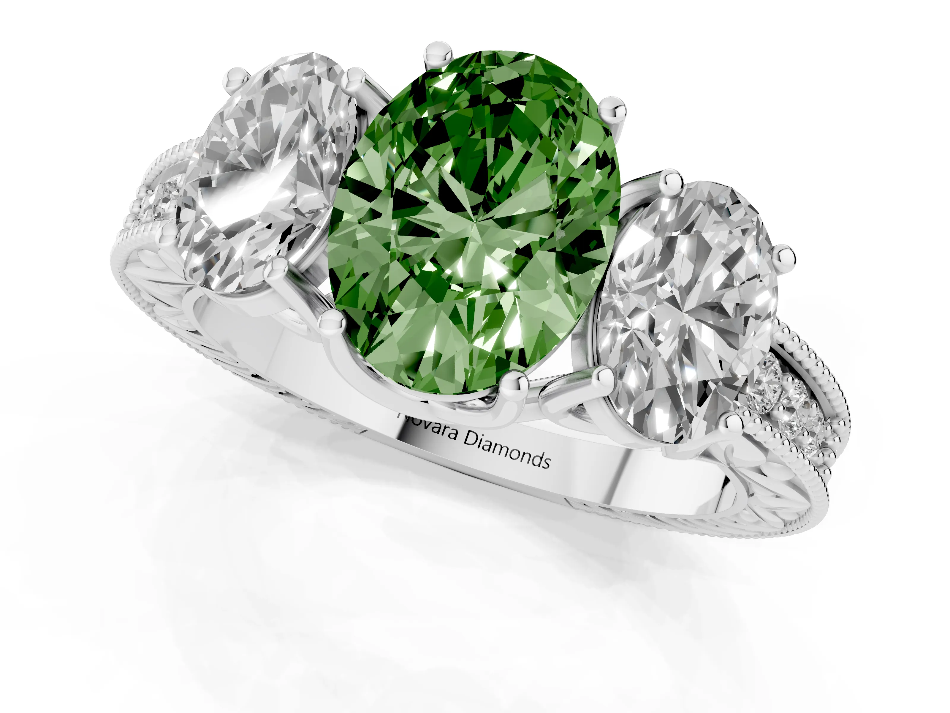 Fancy Green Oval Cut Diamond Three-Stone Engagement Ring Set in Silver with Milgrain Pavé Band