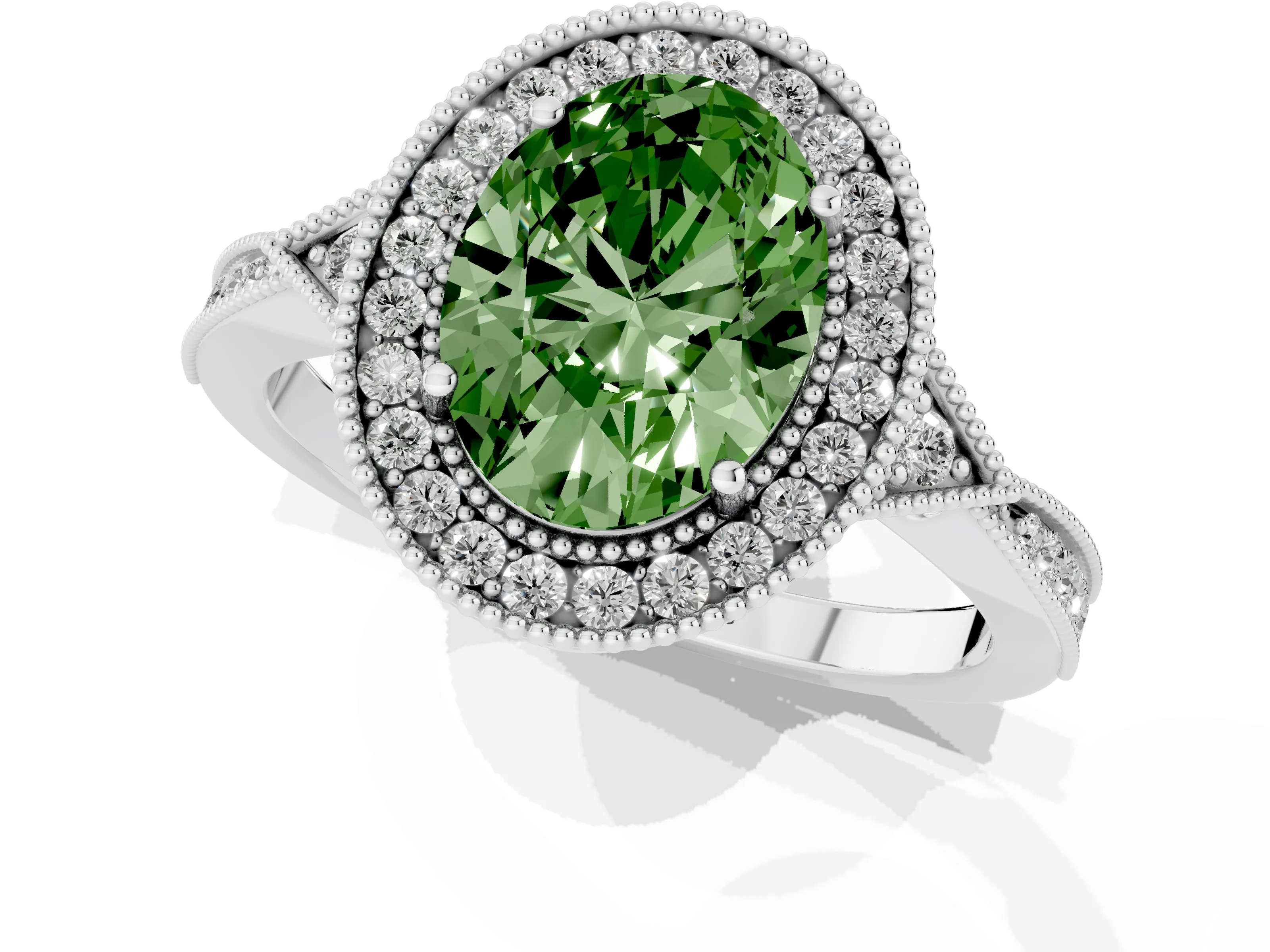 Fancy Green Oval Cut Diamond Halo Engagement Ring Set in Silver with Milgrain Pavé Band