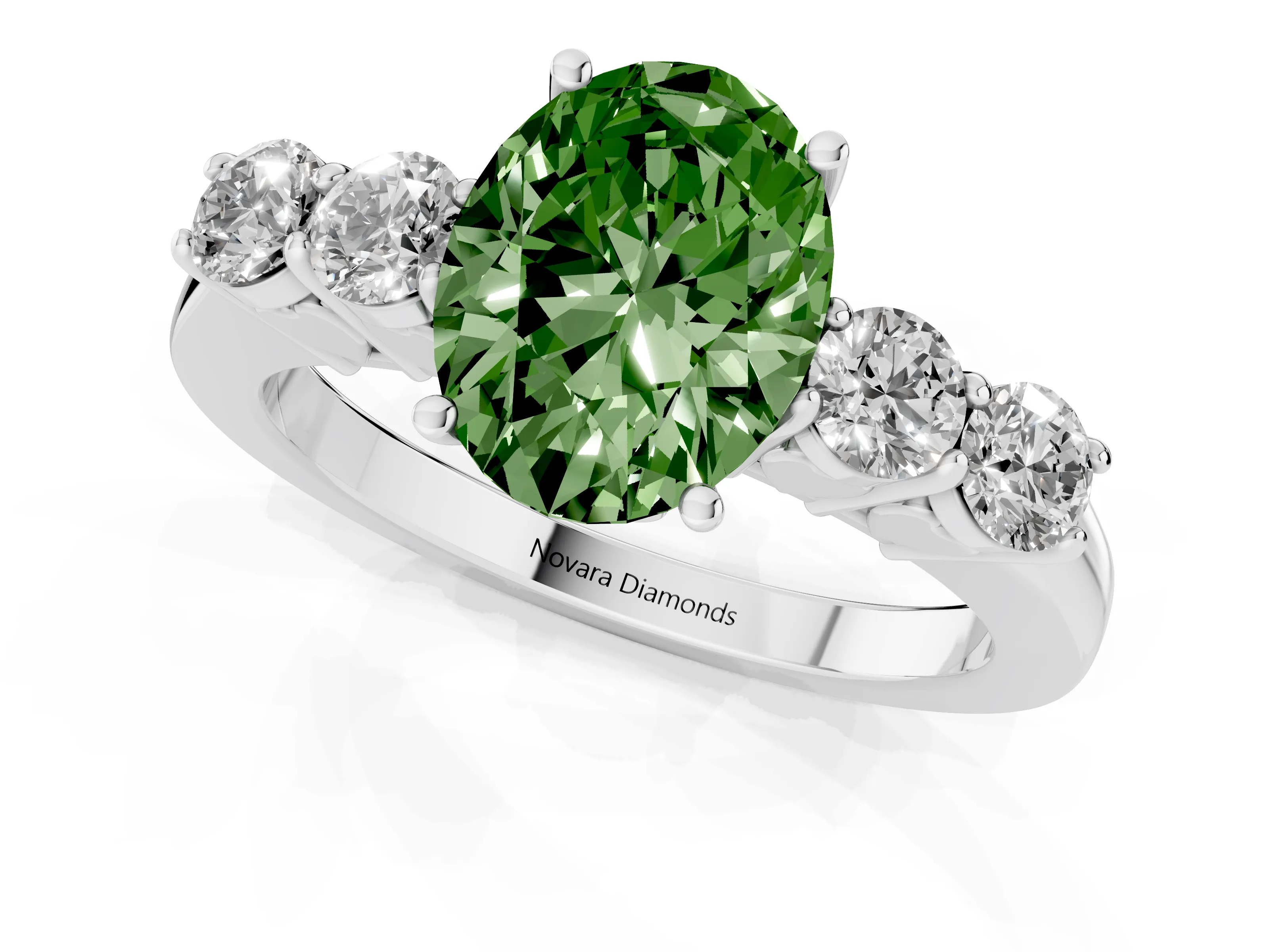 Fancy Green Oval Cut Diamond Five-Stone Prong Set Band Ring Set in Silver with Polished Band