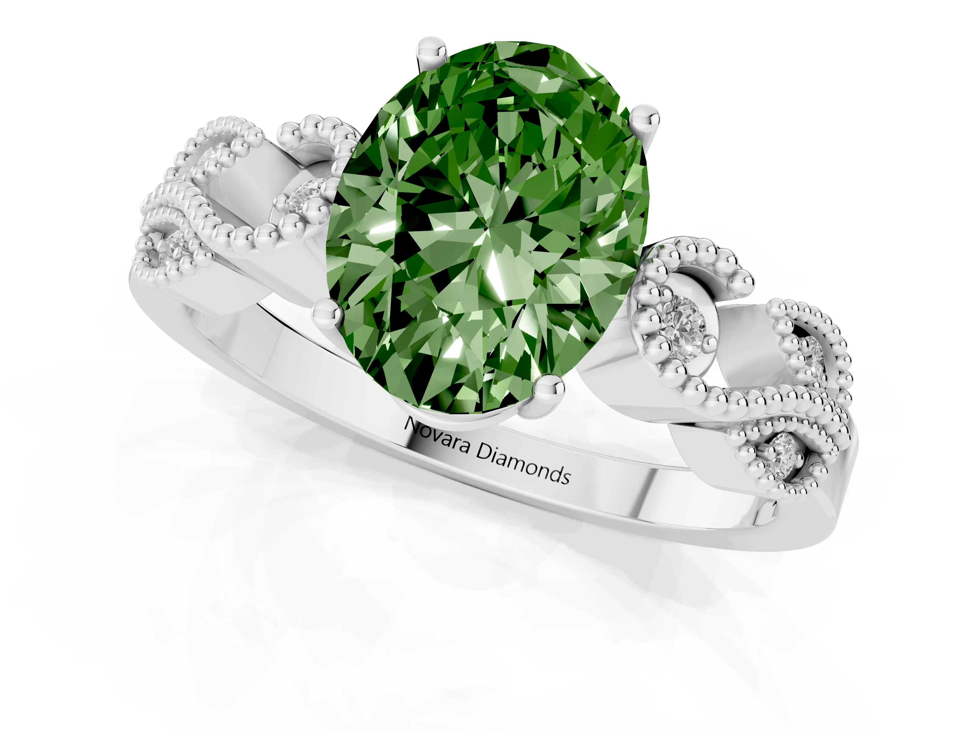 Fancy Green Oval Cut Diamond Milgrain Leaf Band Solitaire Ring Set in Platinum with Accent Stones and Prong Setting