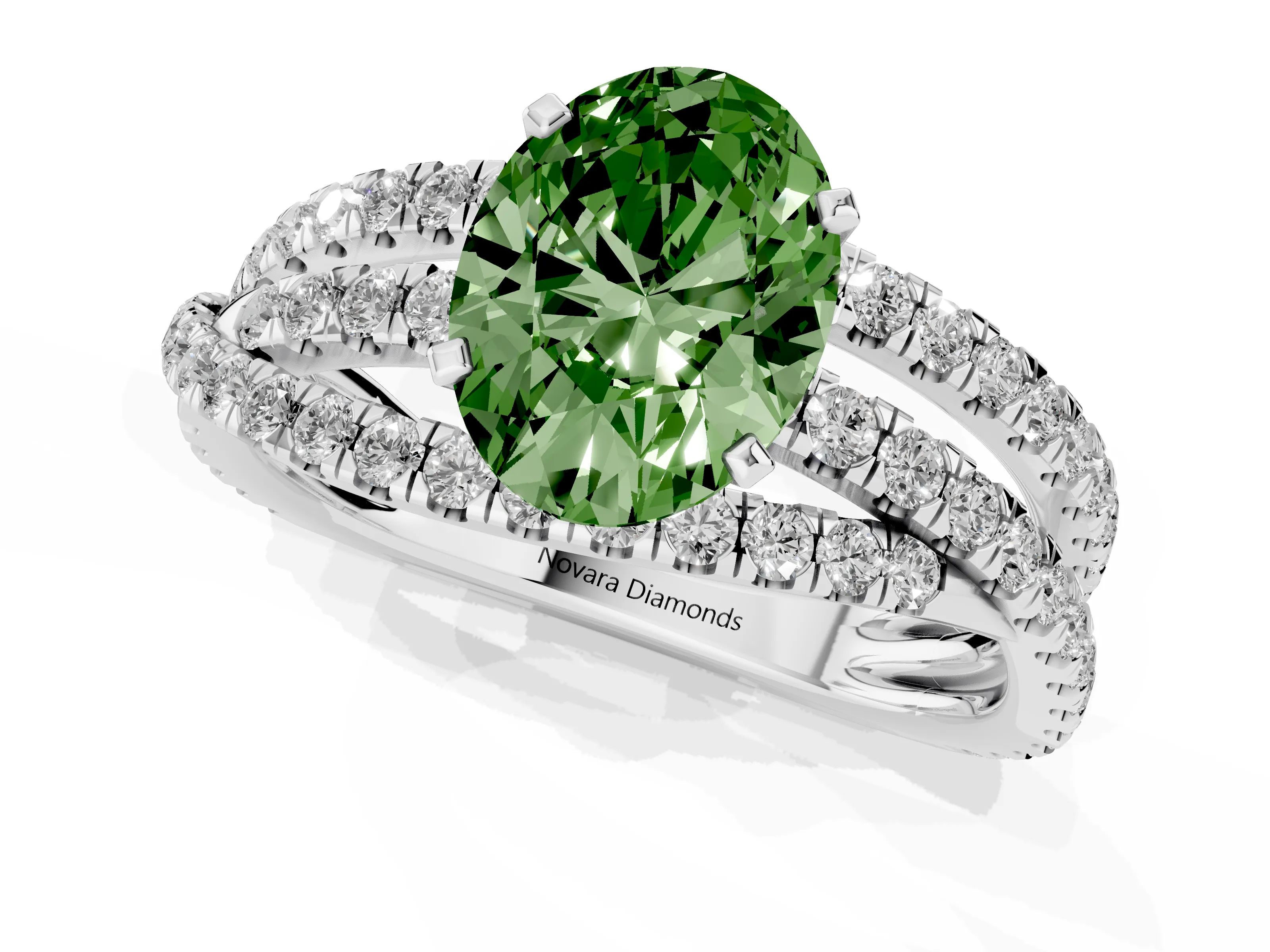 Fancy Green Oval Cut Diamond Solitaire Twist Band Ring Set in Platinum with Pavé Setting and Prong Head