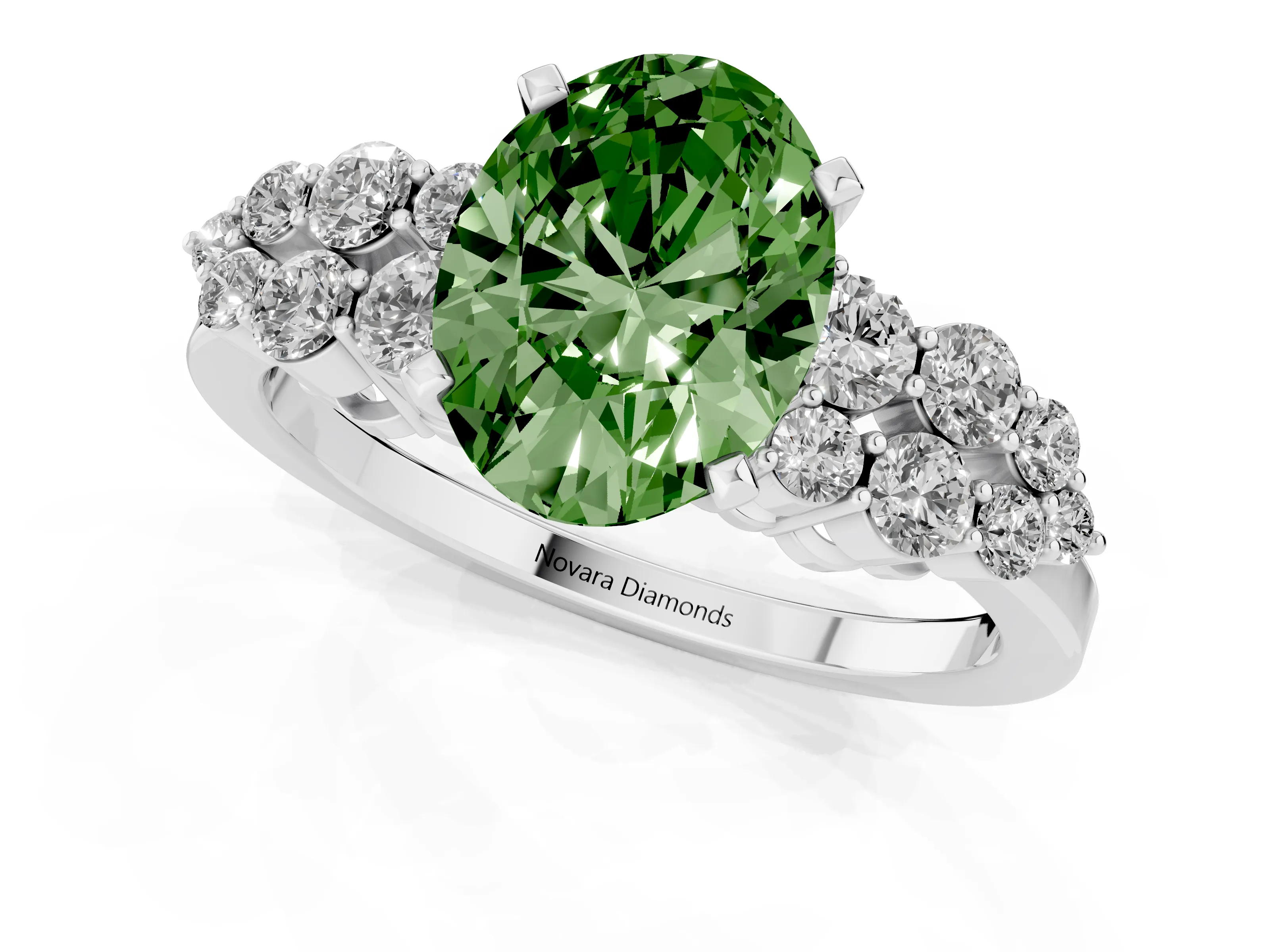Fancy Green Oval Cut Diamond Cluster Engagement Ring Set in Platinum with Pavé Band and Prong Setting