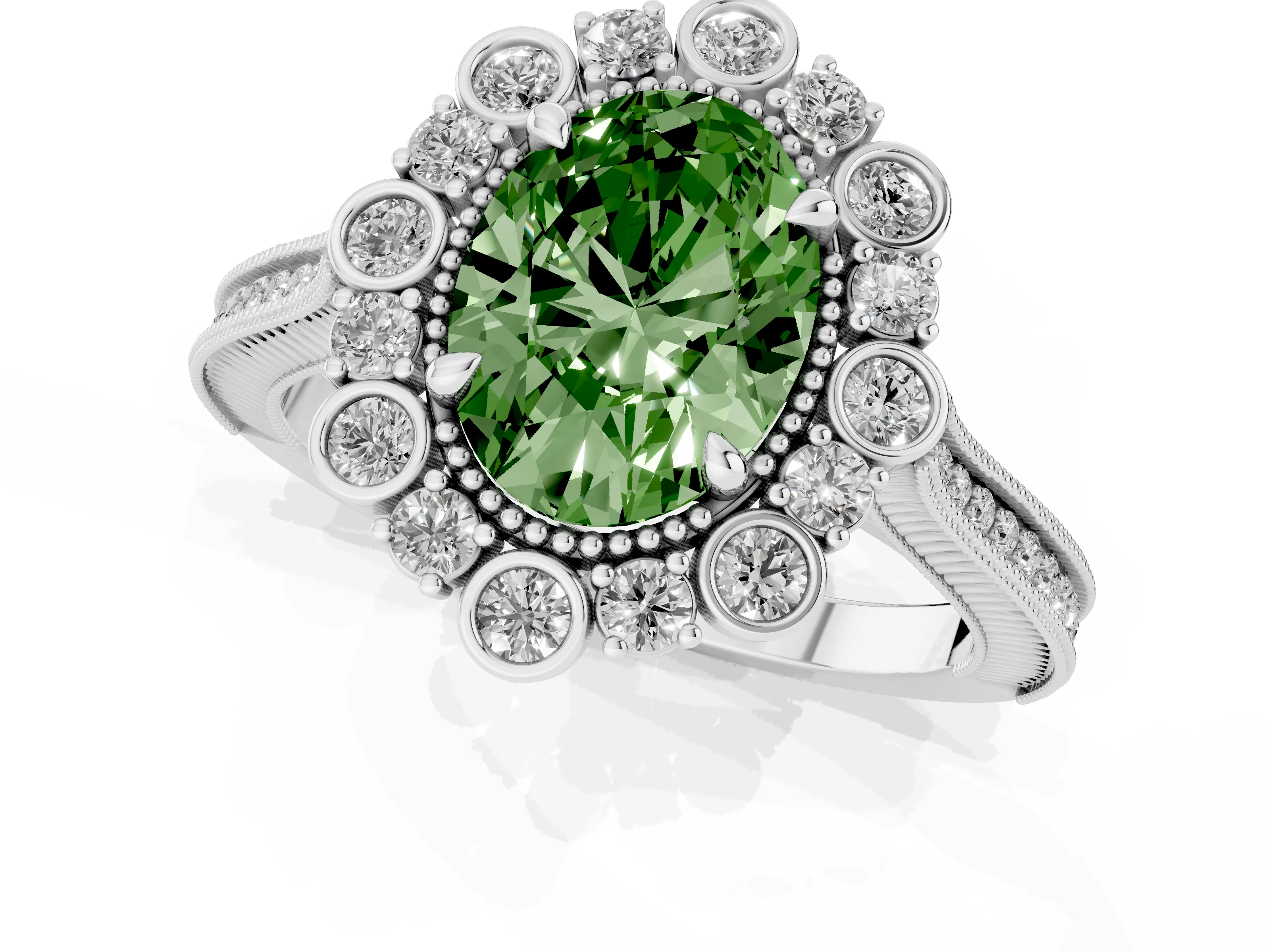 Fancy Green Oval Cut Diamond Halo Milgrain Pavé Ring Set in Silver with Prong Setting