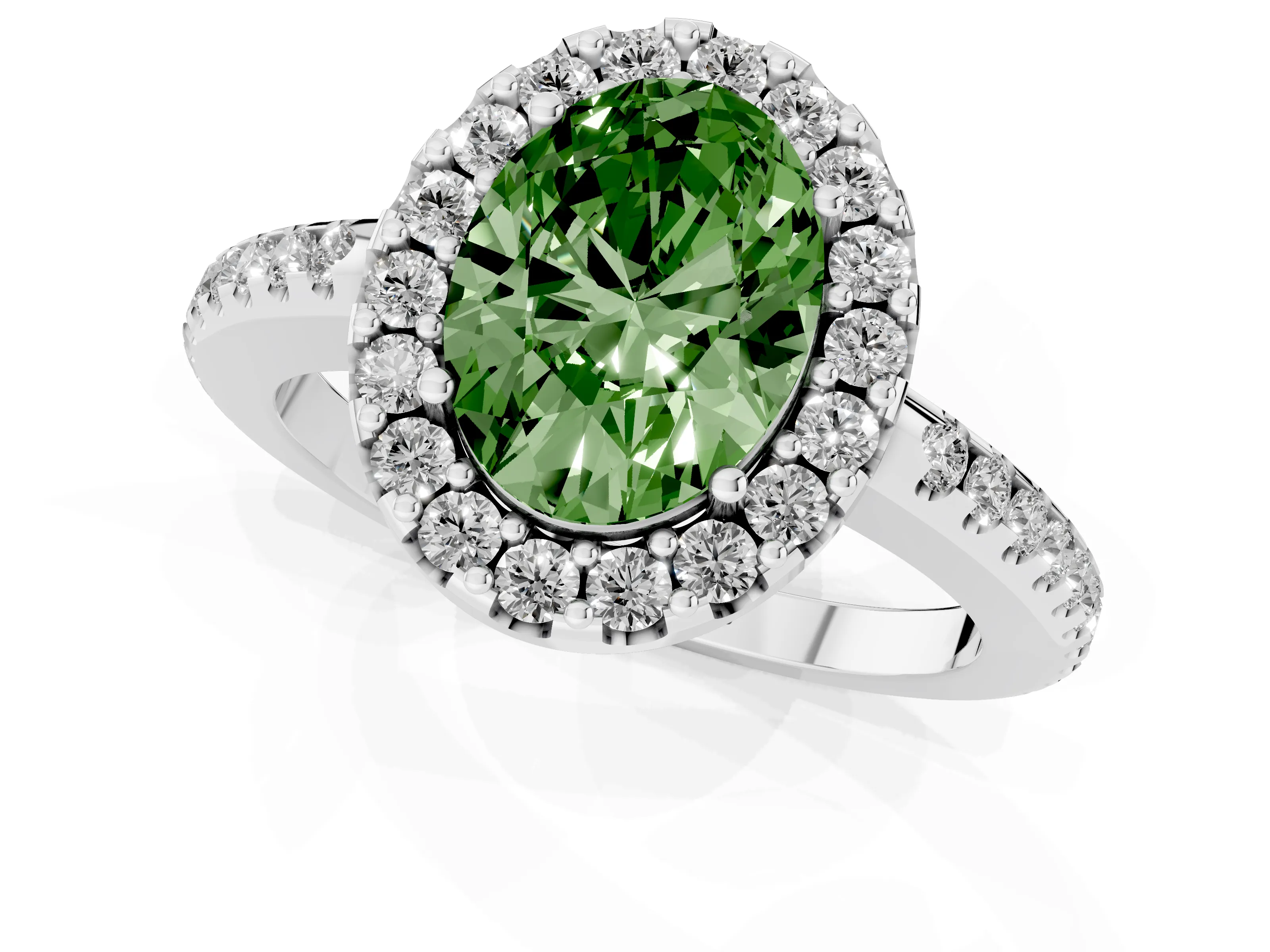 Fancy Green Oval Cut Diamond Pavé Halo Ring Set in Silver with Prong Setting