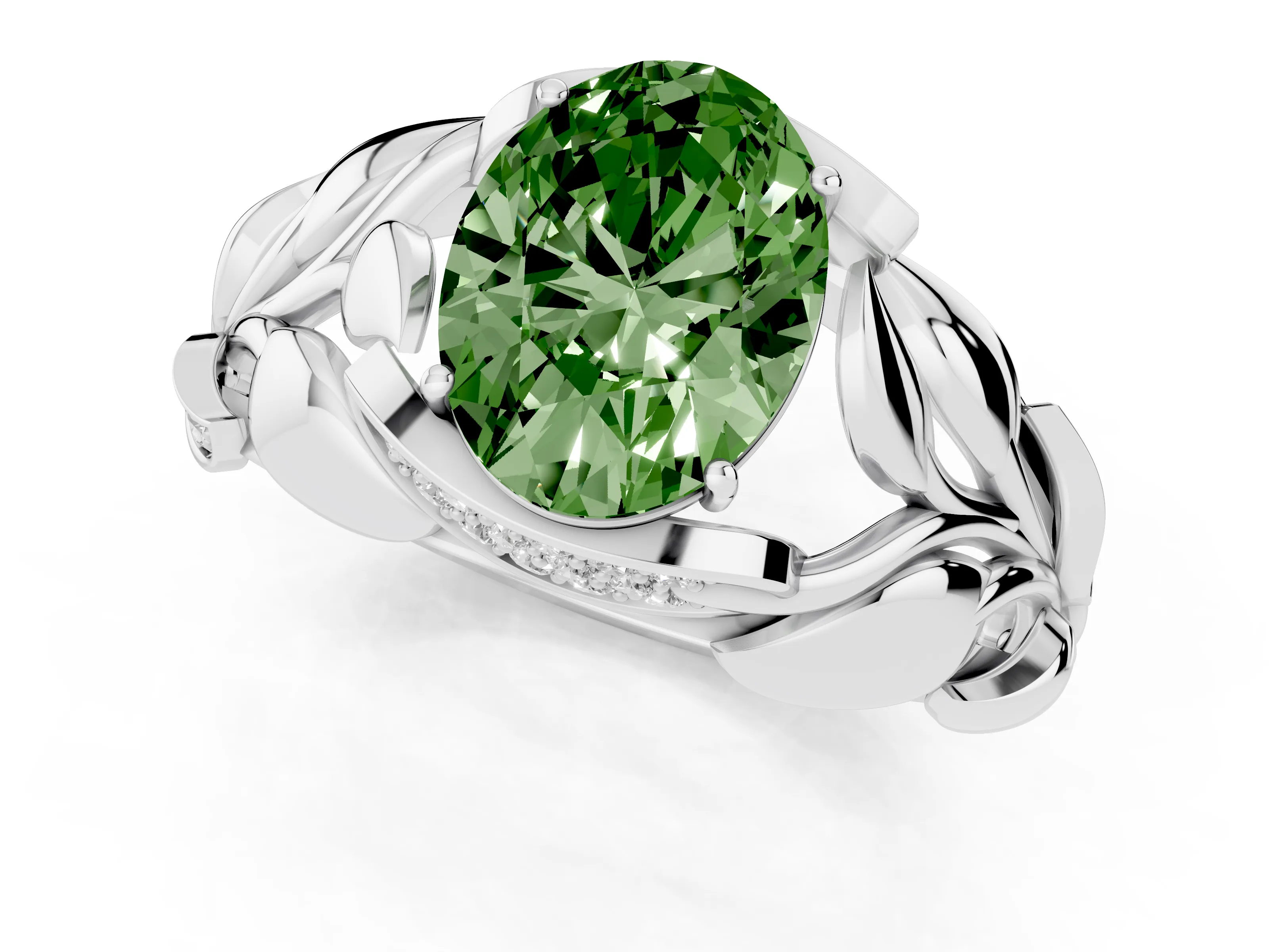 Fancy Green Oval Cut Diamond Leaf-Inspired Engagement Ring Set in White gold with Round Accents