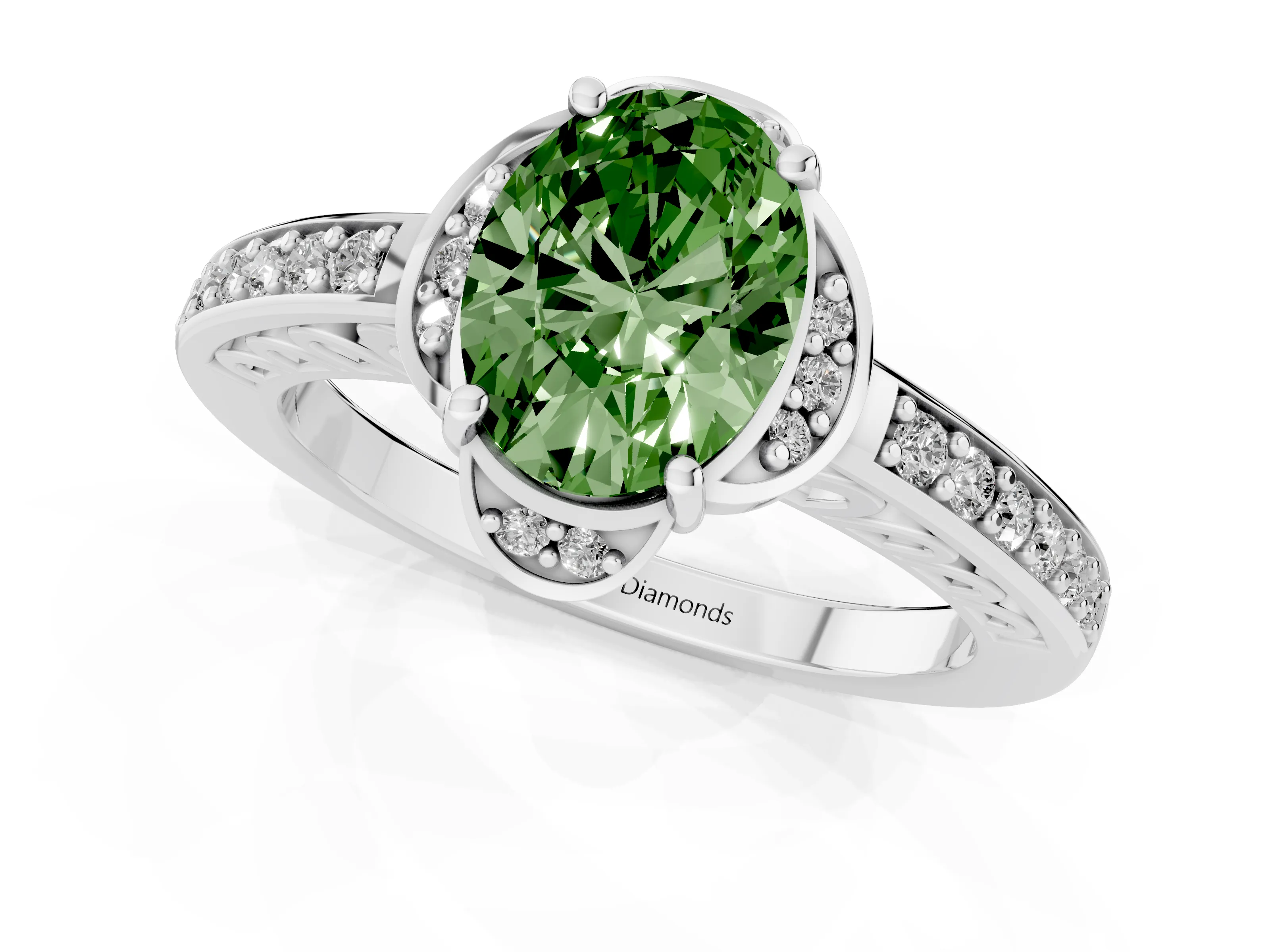 Fancy Green Oval Cut Diamond Halo Ring Set in White gold with Channel Set Band and Prong Setting