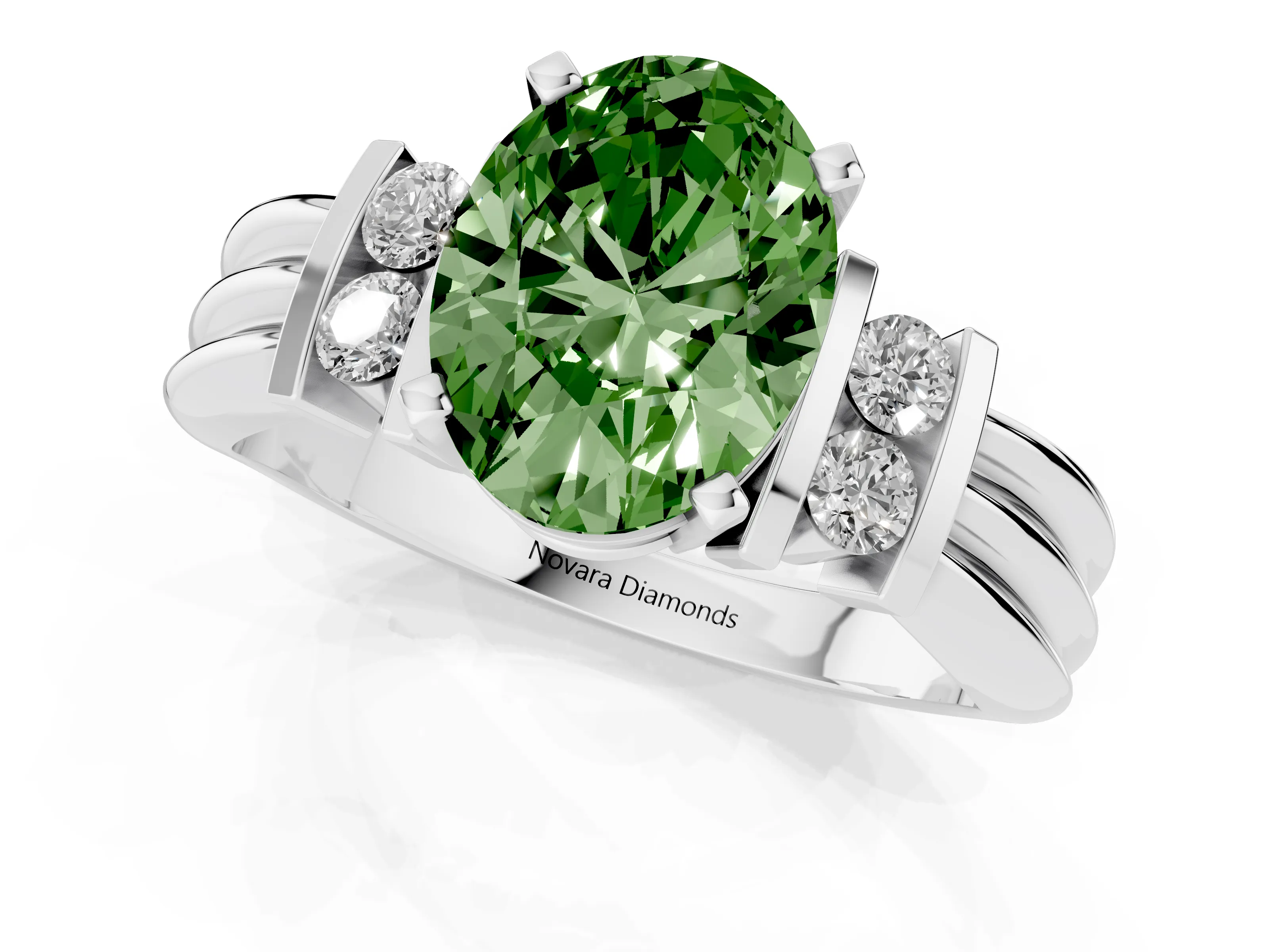 Fancy Green Three-Stone Oval Cut Diamond Channel Set Ring Set in Silver with Bar Prongs