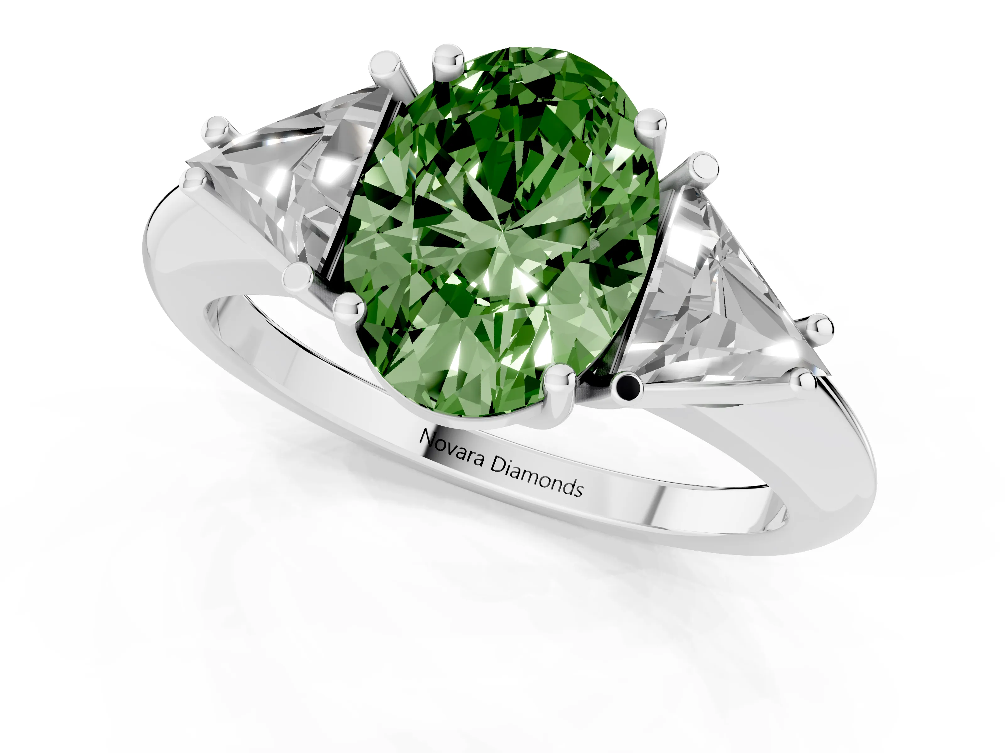 Fancy Green Oval Cut Diamond Three-Stone Engagement Ring Set in Silver with Trillion Side Stones