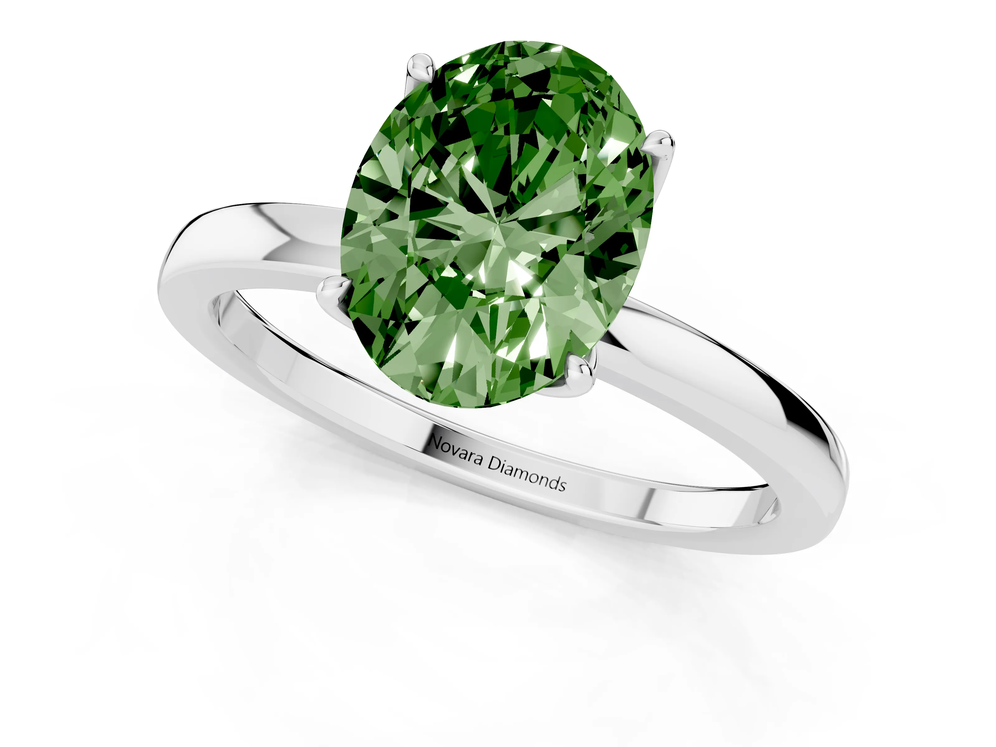 Fancy Green Oval Cut Diamond Solitaire Ring Set in White gold with Prong Setting and Thin Polished Band
