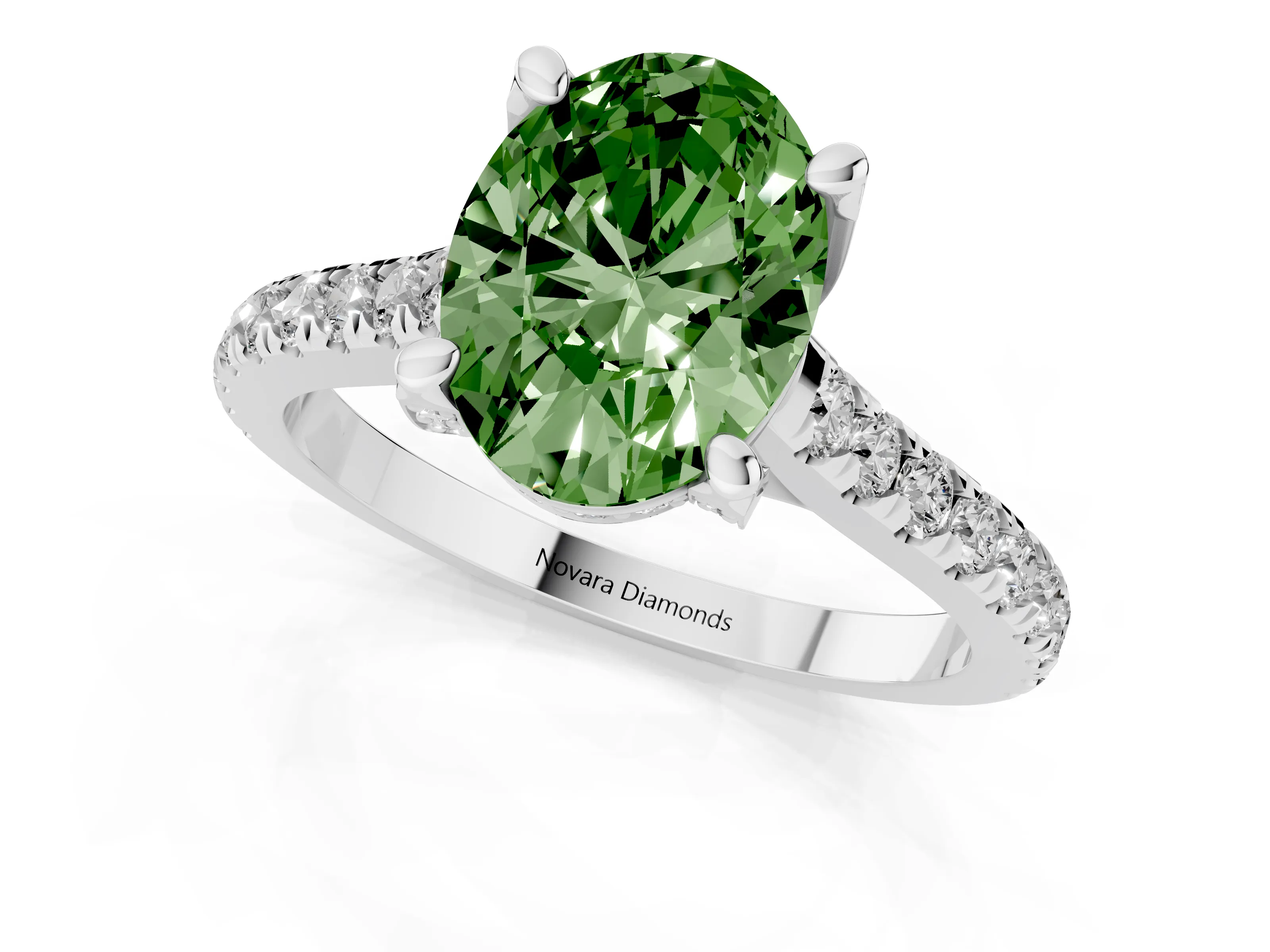 Fancy Green Oval Cut Diamond Solitaire Ring Set in Silver with Brilliant Pavé Band and Prong Setting