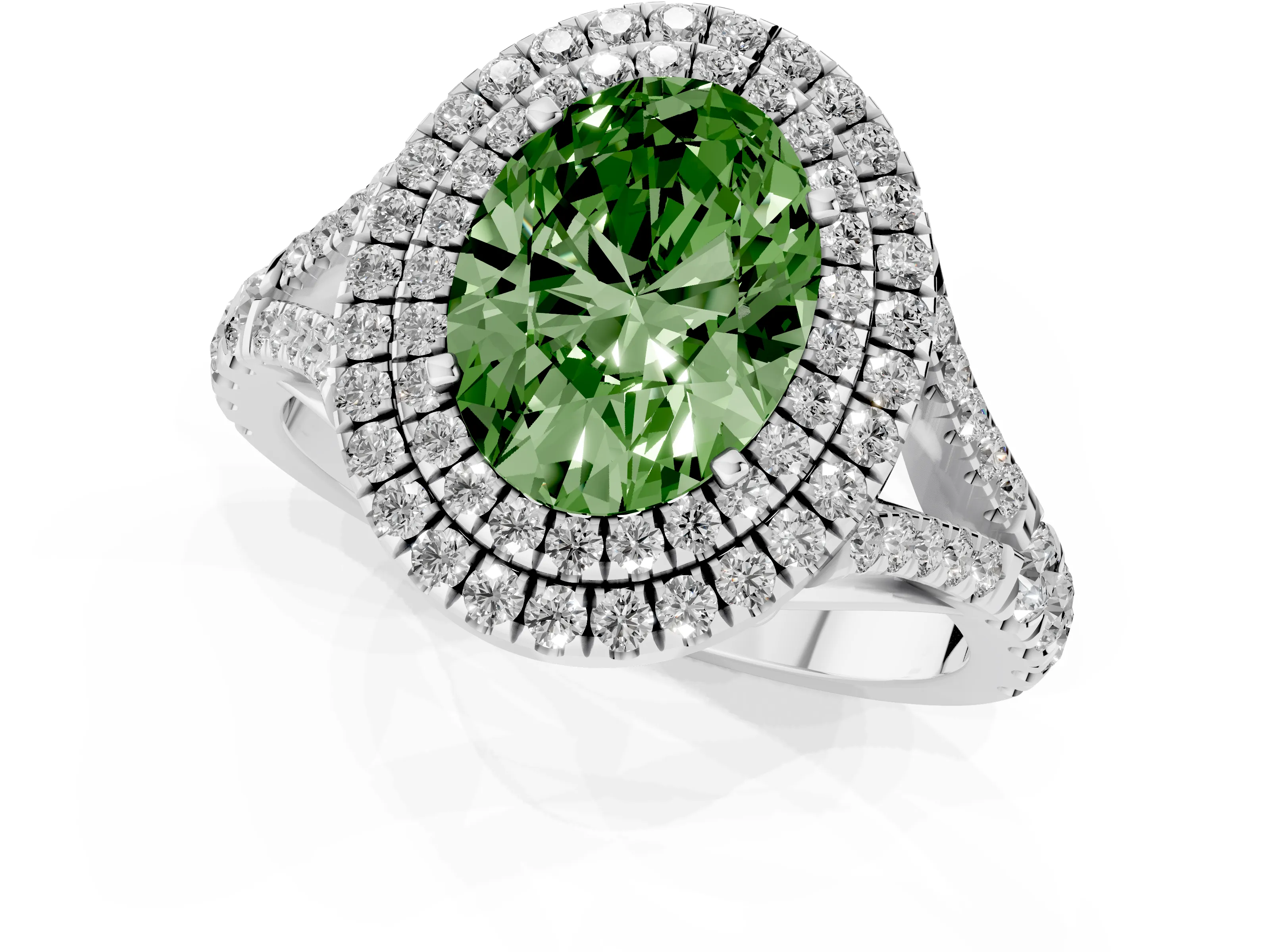 Fancy Green Oval Cut Diamond Pavé Split Shank Double Halo Engagement Ring Set in Silver